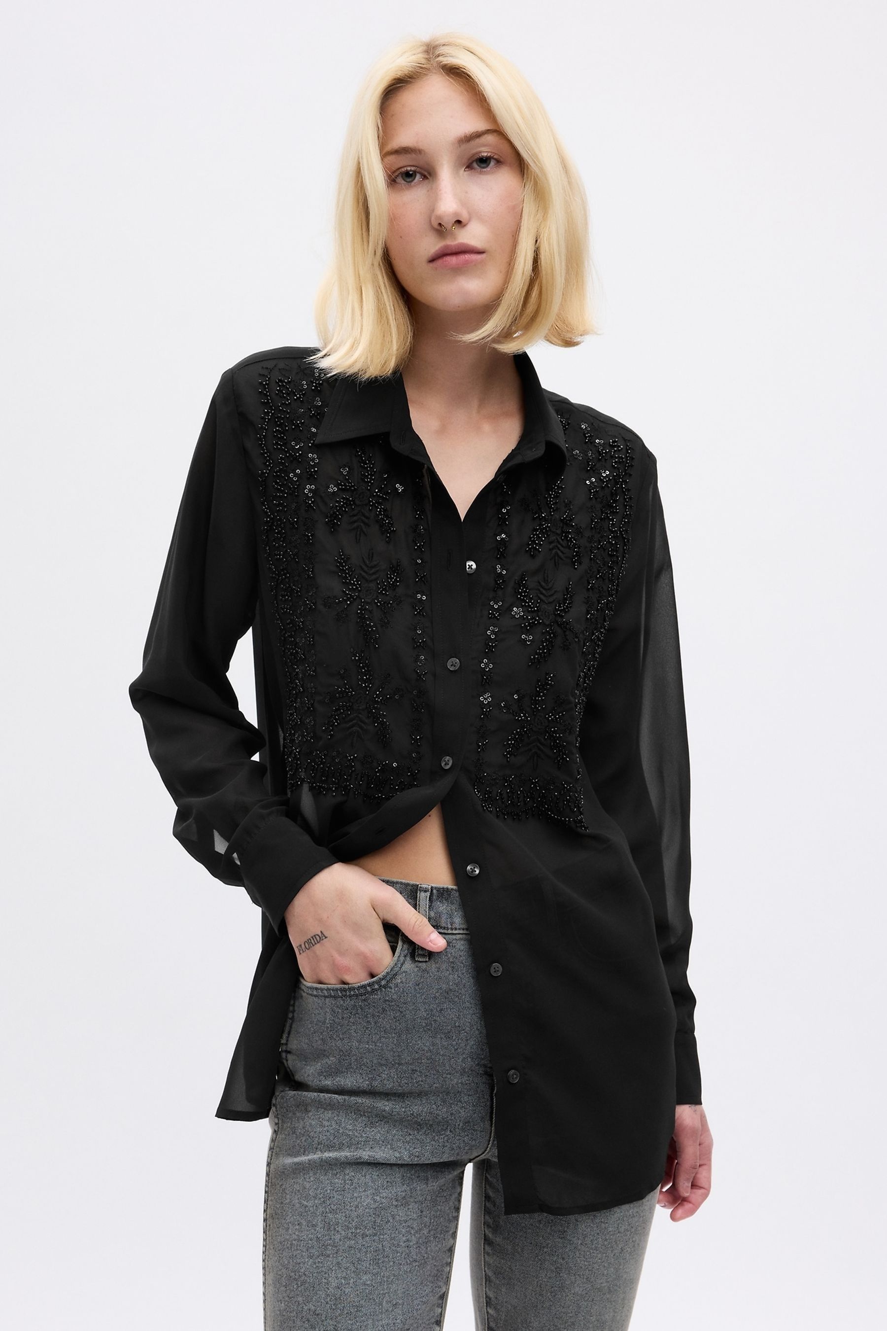 Buy Black Beaded Sheer Boyfriend Shirt from the Gap online shop