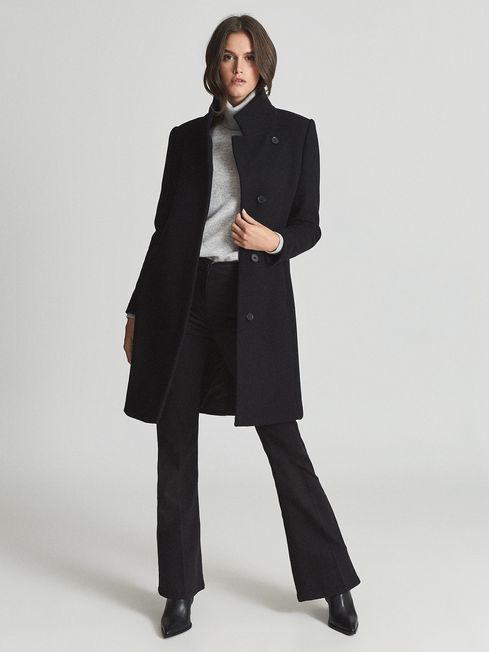 Wool Blend Mid Length Coat in Black - REISS