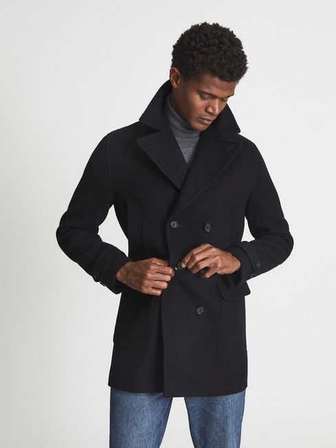 Double Breasted Wool Blend Peacoat in Navy - REISS