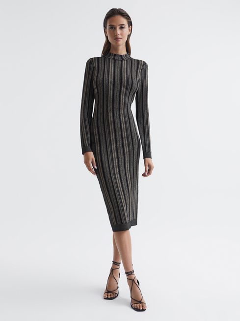 REISS Skylar Metallic Striped Knitted Dress in Black/Gold Size S - UK Size  8-10 | eBay UK