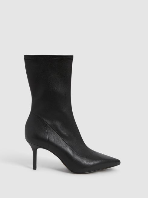 Pointed Kitten Heel Leather Boots in Black - REISS