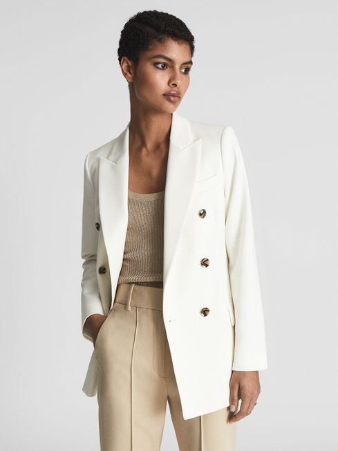 Double Breasted Blazer in White - REISS