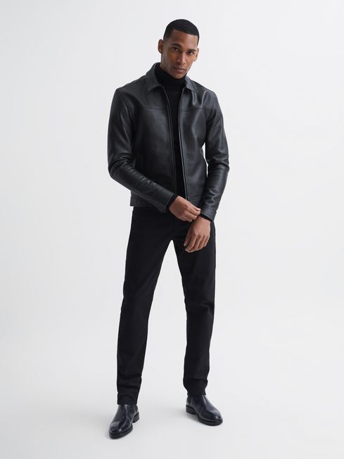 Zip Through Leather Jacket in Black - REISS