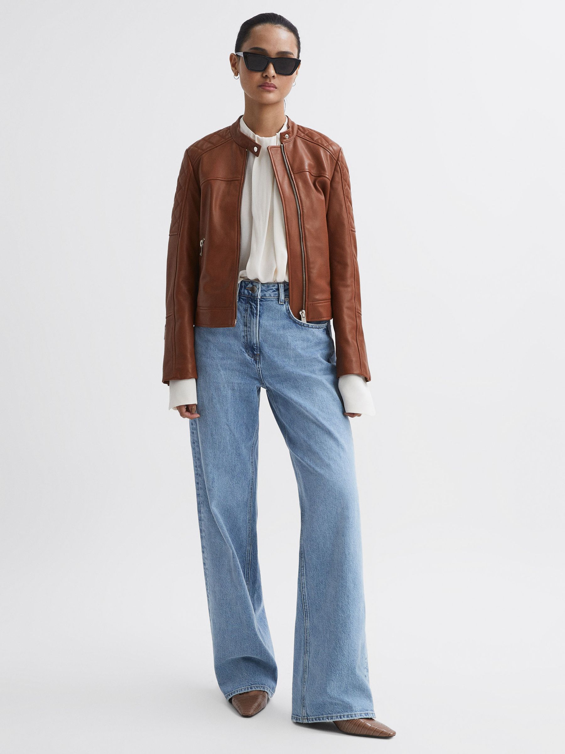 Leather Collarless Quilted Jacket in Tan
