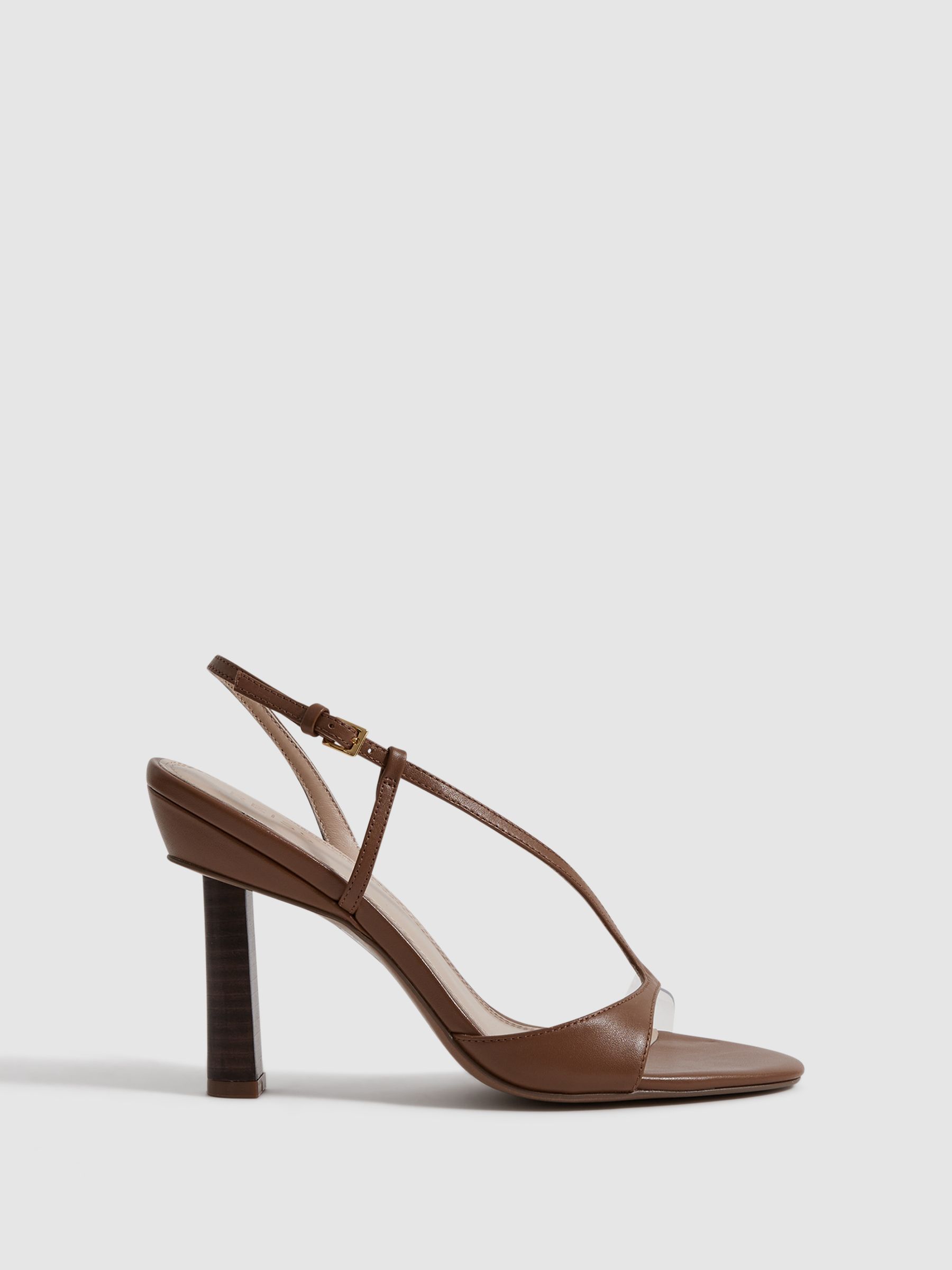 Leather Clear Strap Block Heels in Tan