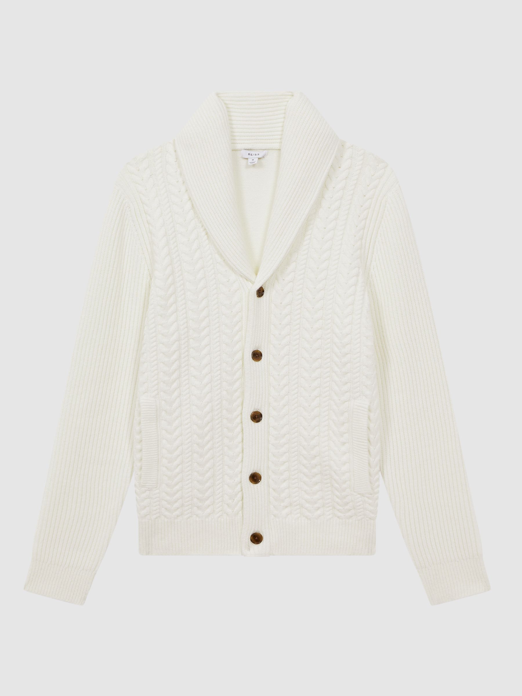 Reiss Cable Knitted Cardigan in Ecru REISS
