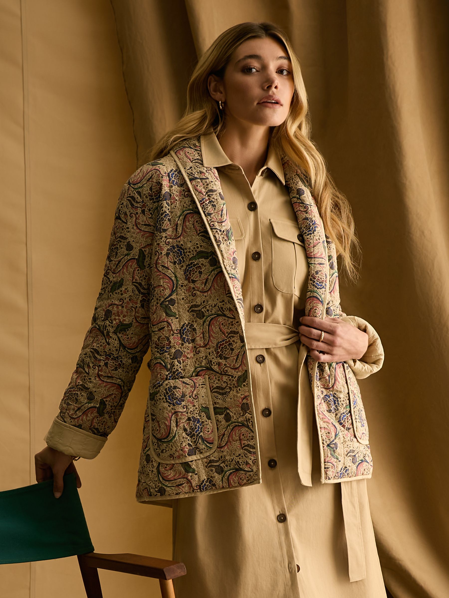 Floral Paisley Cotton Quilted Jacket With Belt Joules