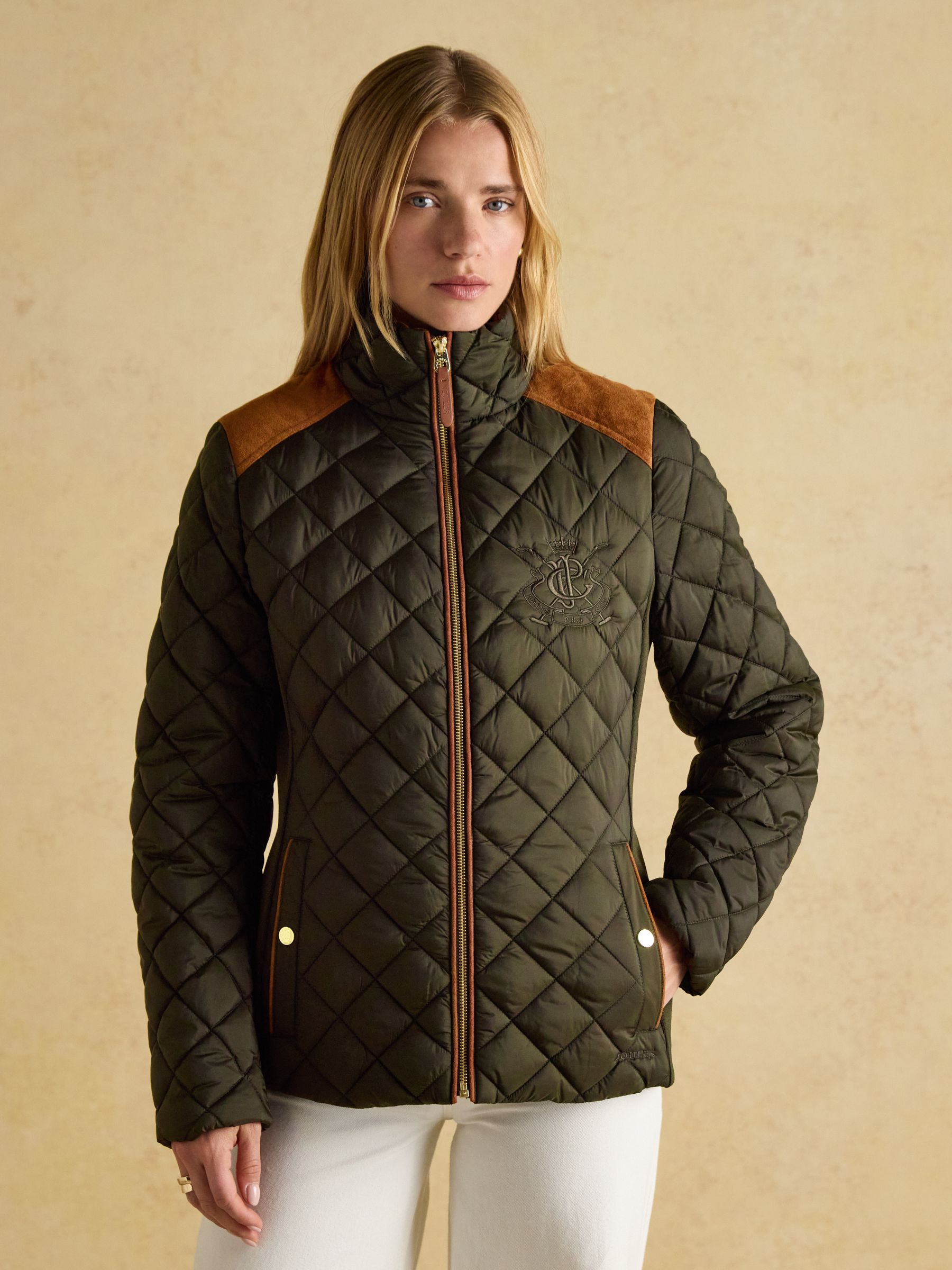 Buy Joules Braemar Luxe Khaki Green Showerproof Diamond Quilted Coat from the Joules online shop