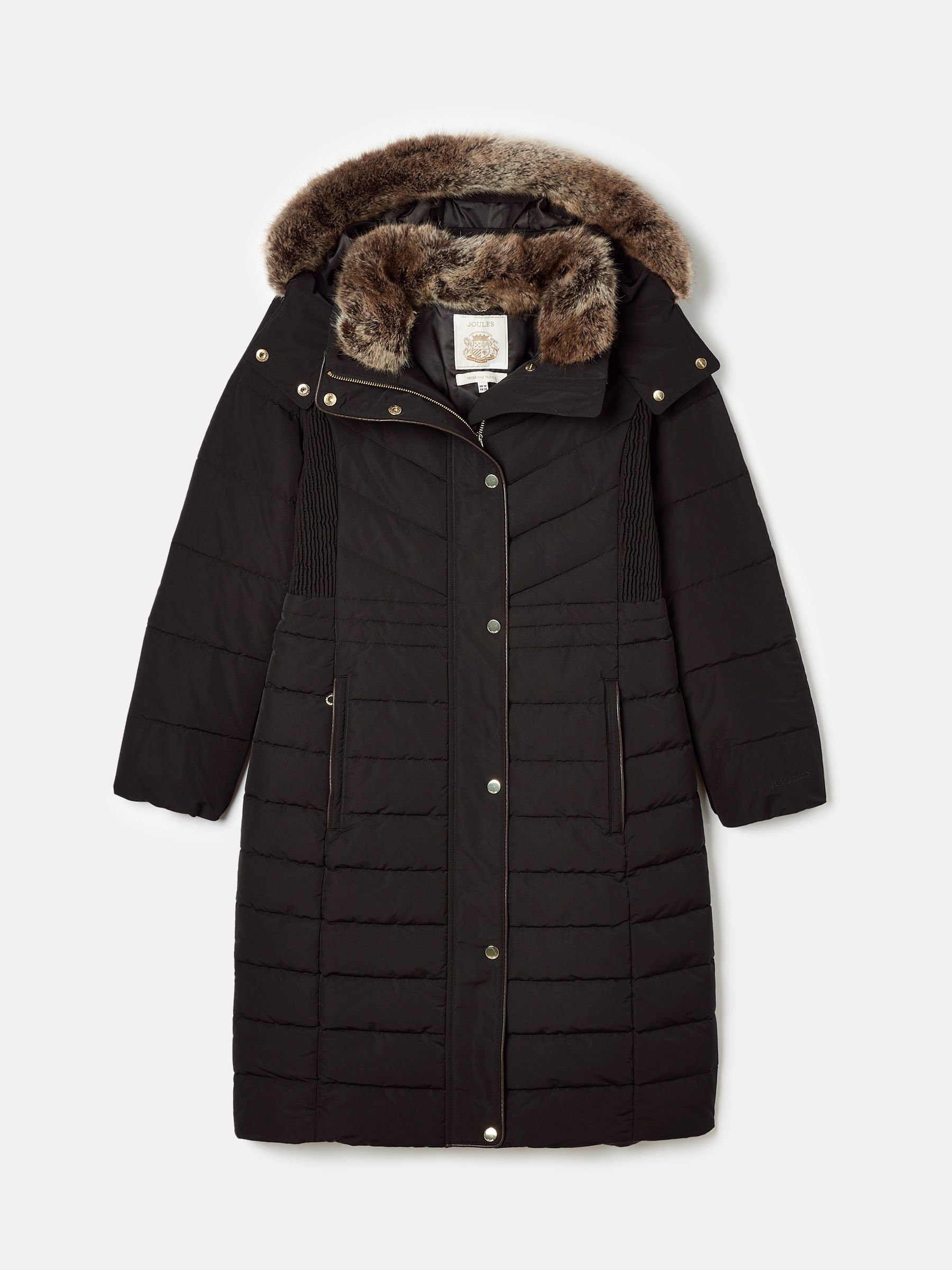 Cherington Black Showerproof Longline Padded Coat with Faux Fur Hood Joules