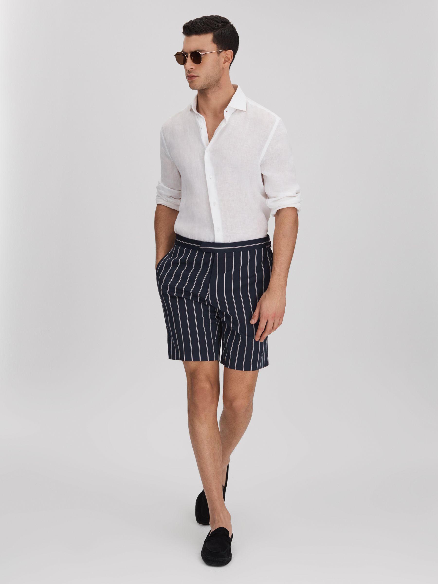 Reiss Striped Side Adjuster Shorts in Navy White REISS
