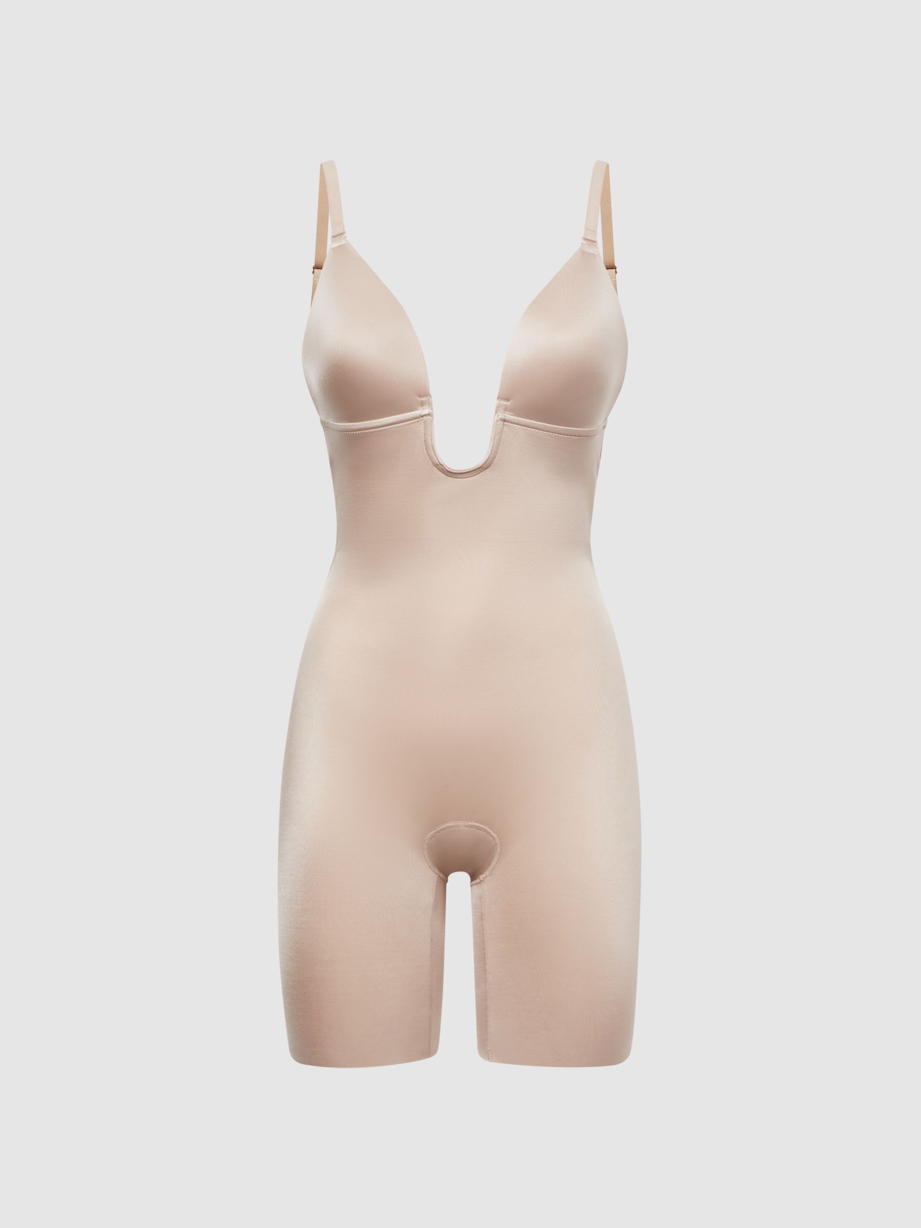 Reiss Spanx Shapewear Firming Plunge Low Back Mid Thigh Bodysuit in Champagne REISS