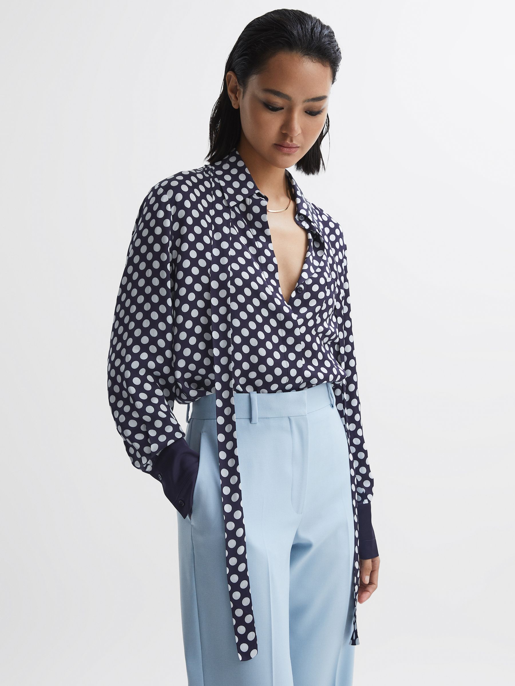 Reiss Polka Dot Long Sleeve Neck Tie Blouse in Navy White REISS