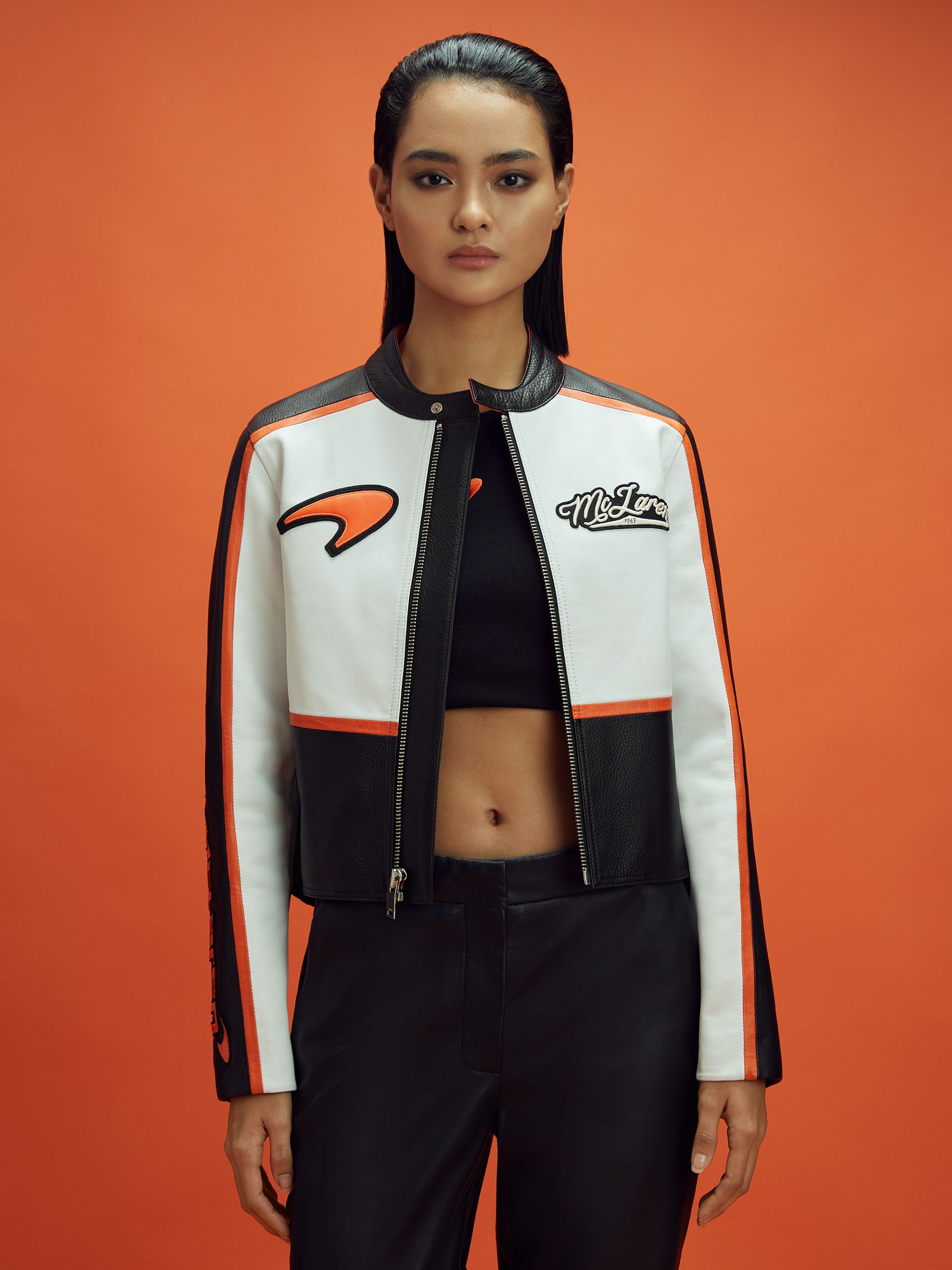 McLaren F1 Colourblock Leather Biker Jacket in Black Papaya