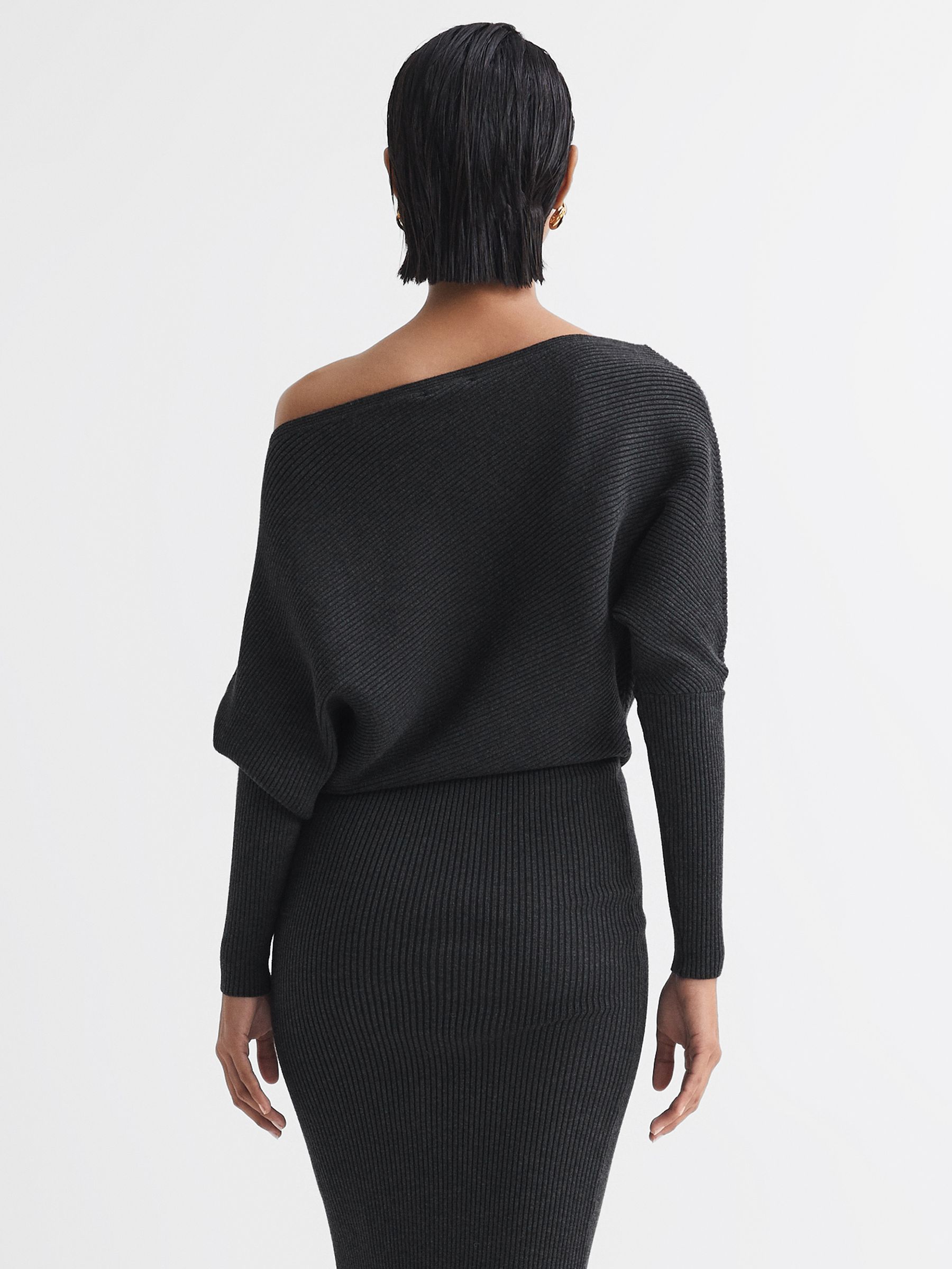 Off shoulder ribbed midi dress clearance