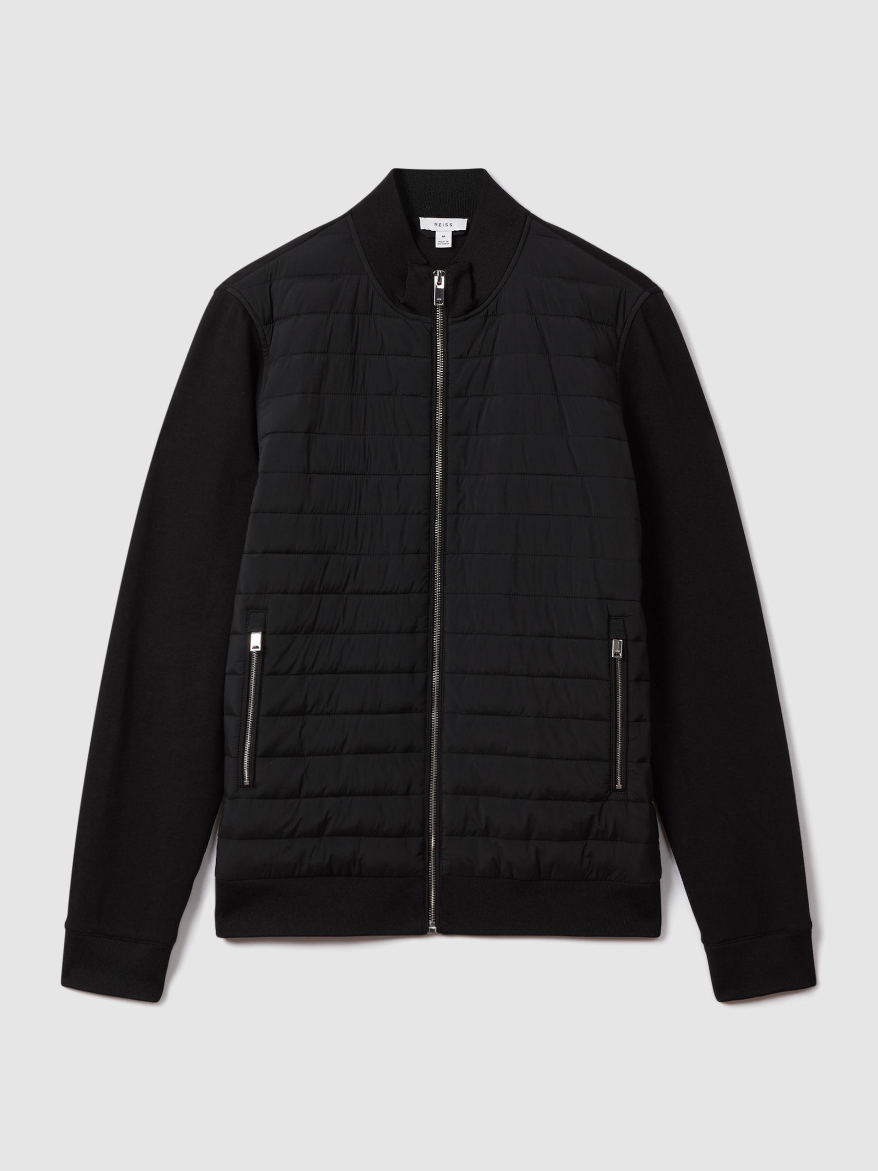 Reiss Hybrid Quilt and Knit Zip Through Jacket in Black REISS