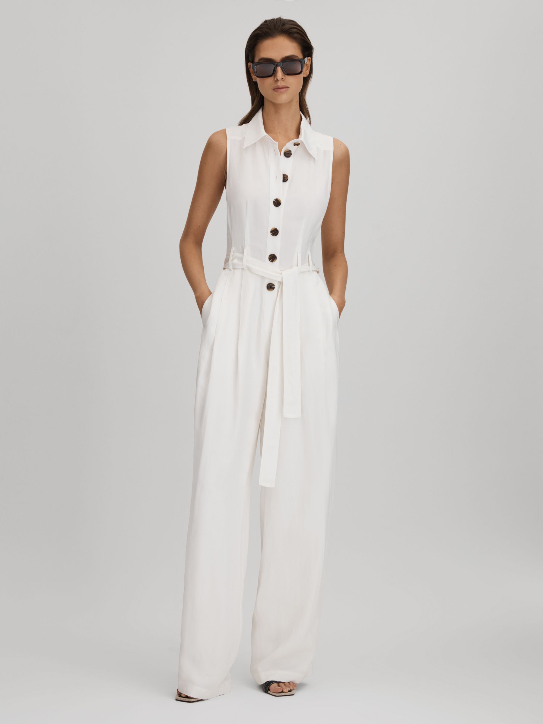 Reiss Petite Belted Wide Leg Jumpsuit in White REISS
