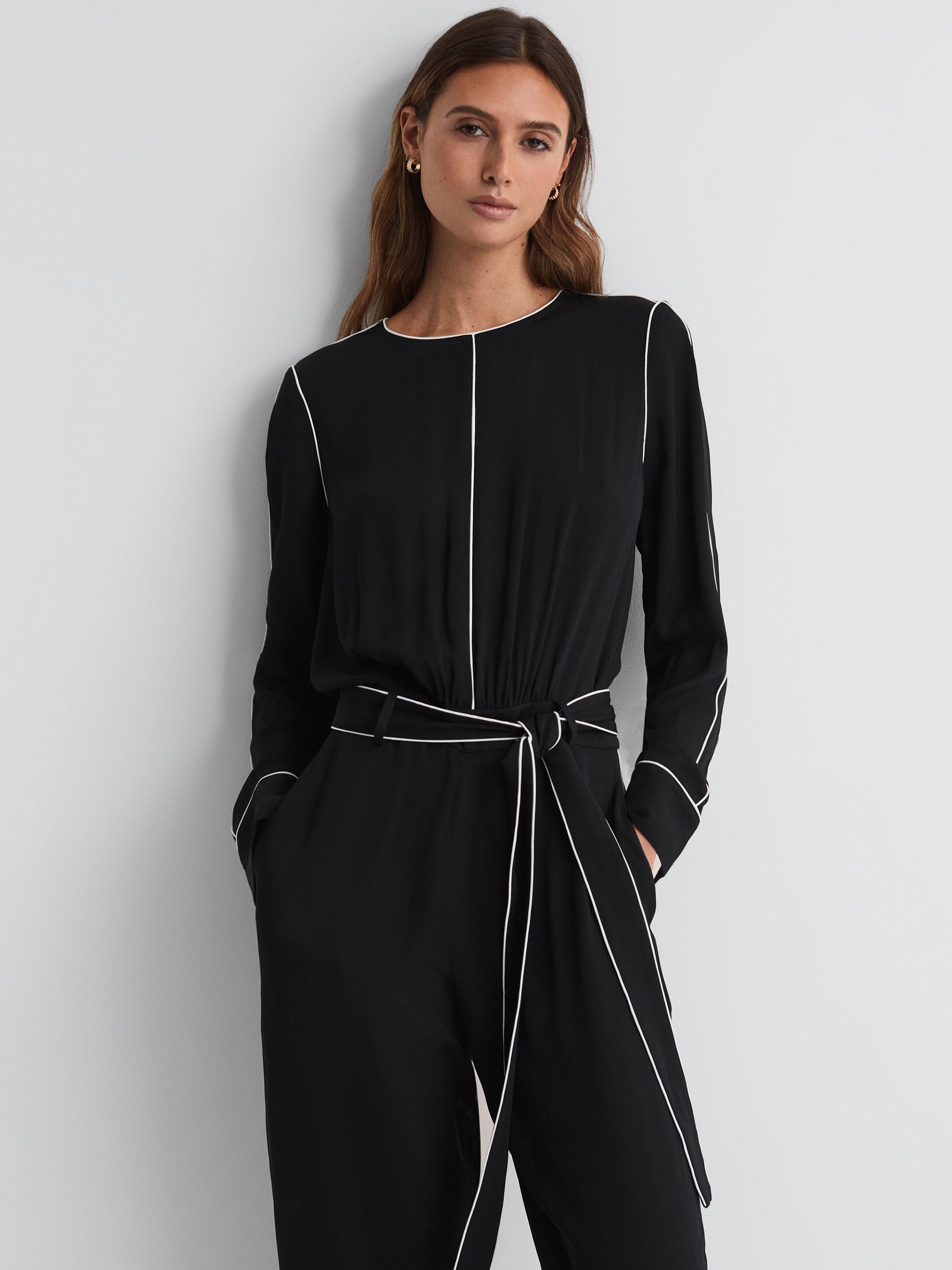 Reiss Belted Trim Jumpsuit in Black REISS