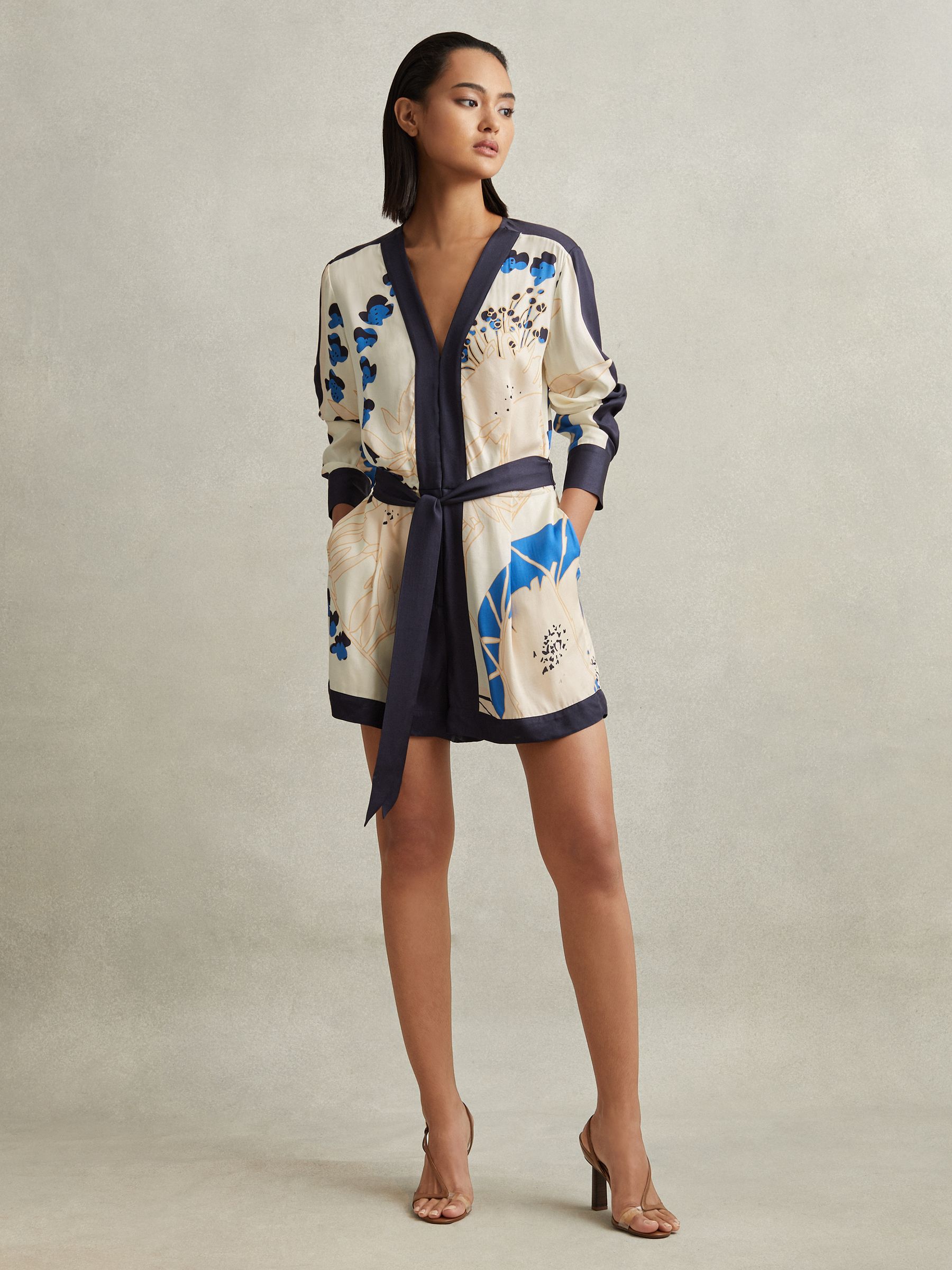 Reiss Printed Belted Playsuit in Blue REISS