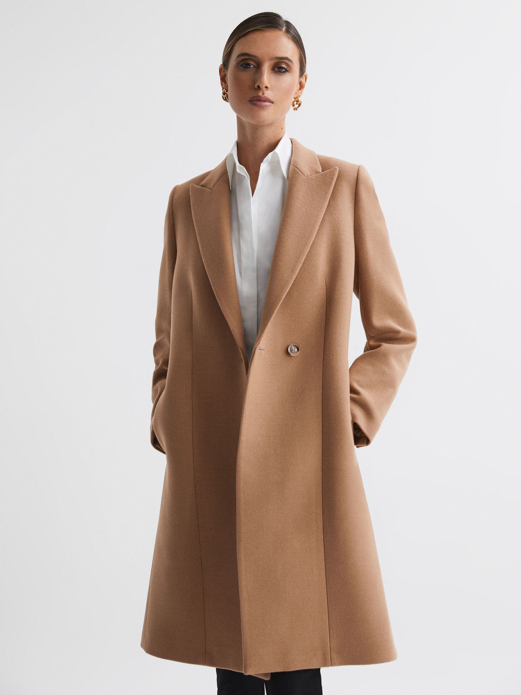 Reiss Wool Blend Double Breasted Coat in Camel REISS