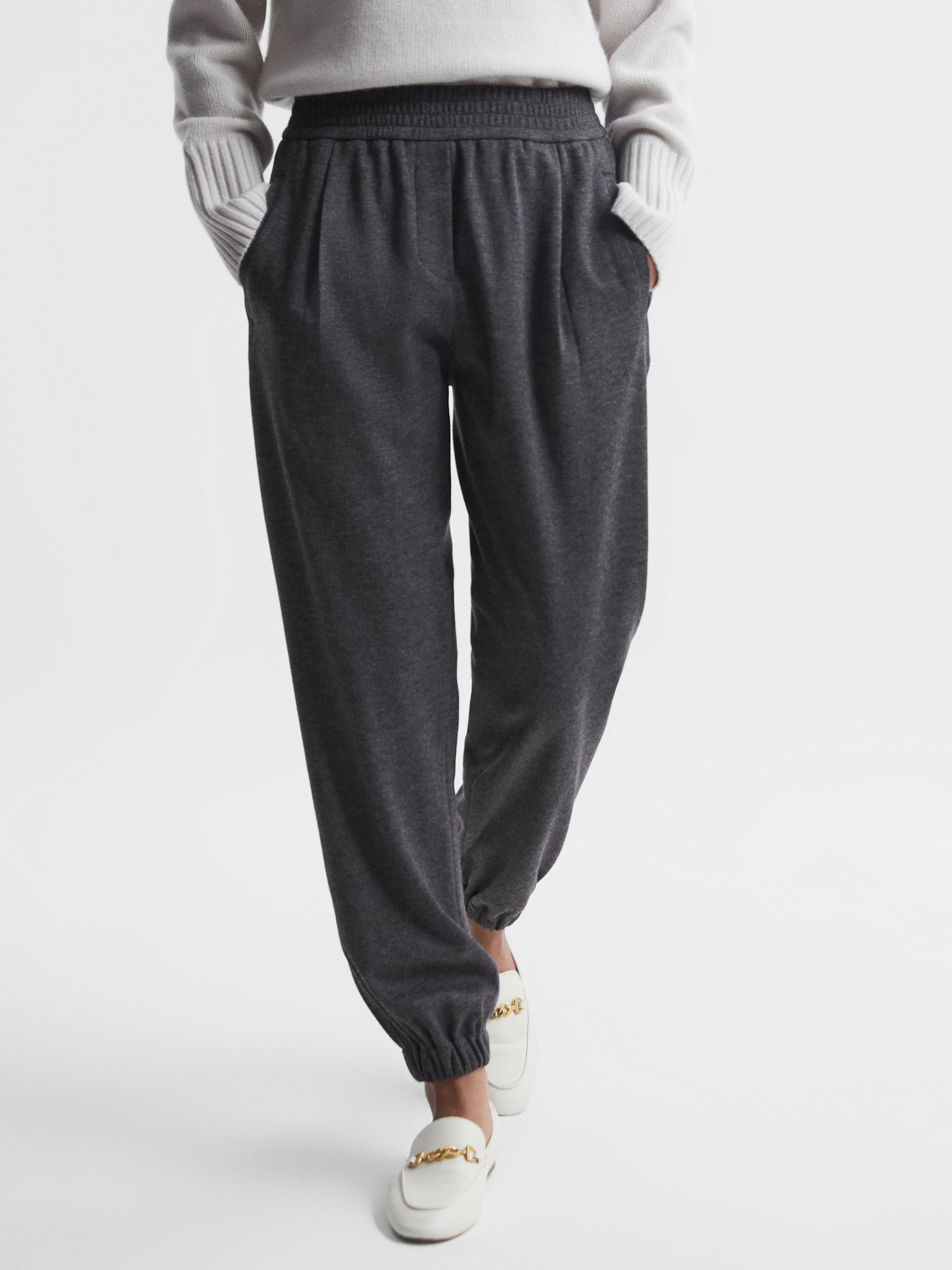 Reiss Wool Elasticated Pleat Front Joggers in Charcoal REISS
