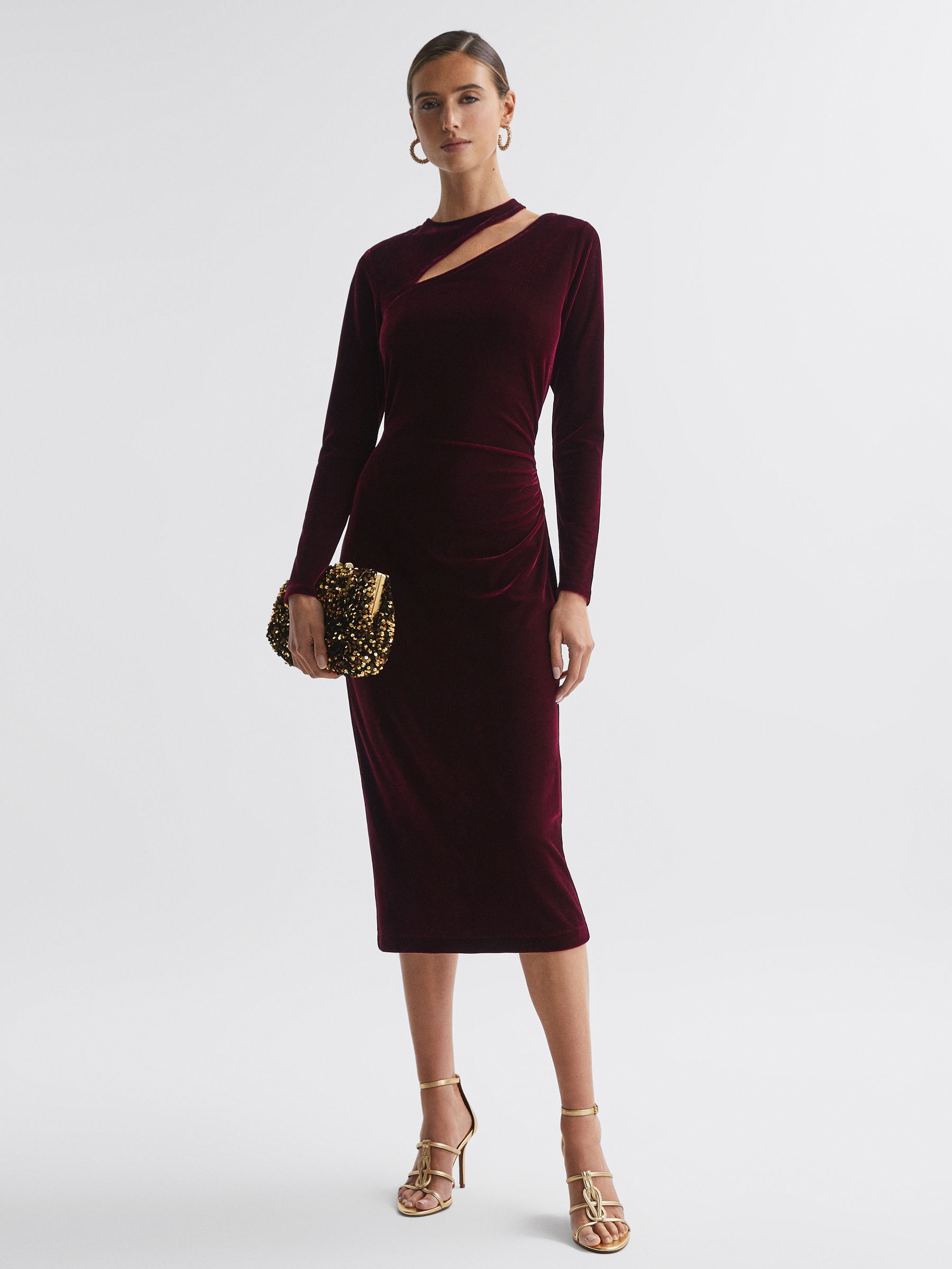 Reiss Velvet Cut Out Midi Dress in Berry REISS