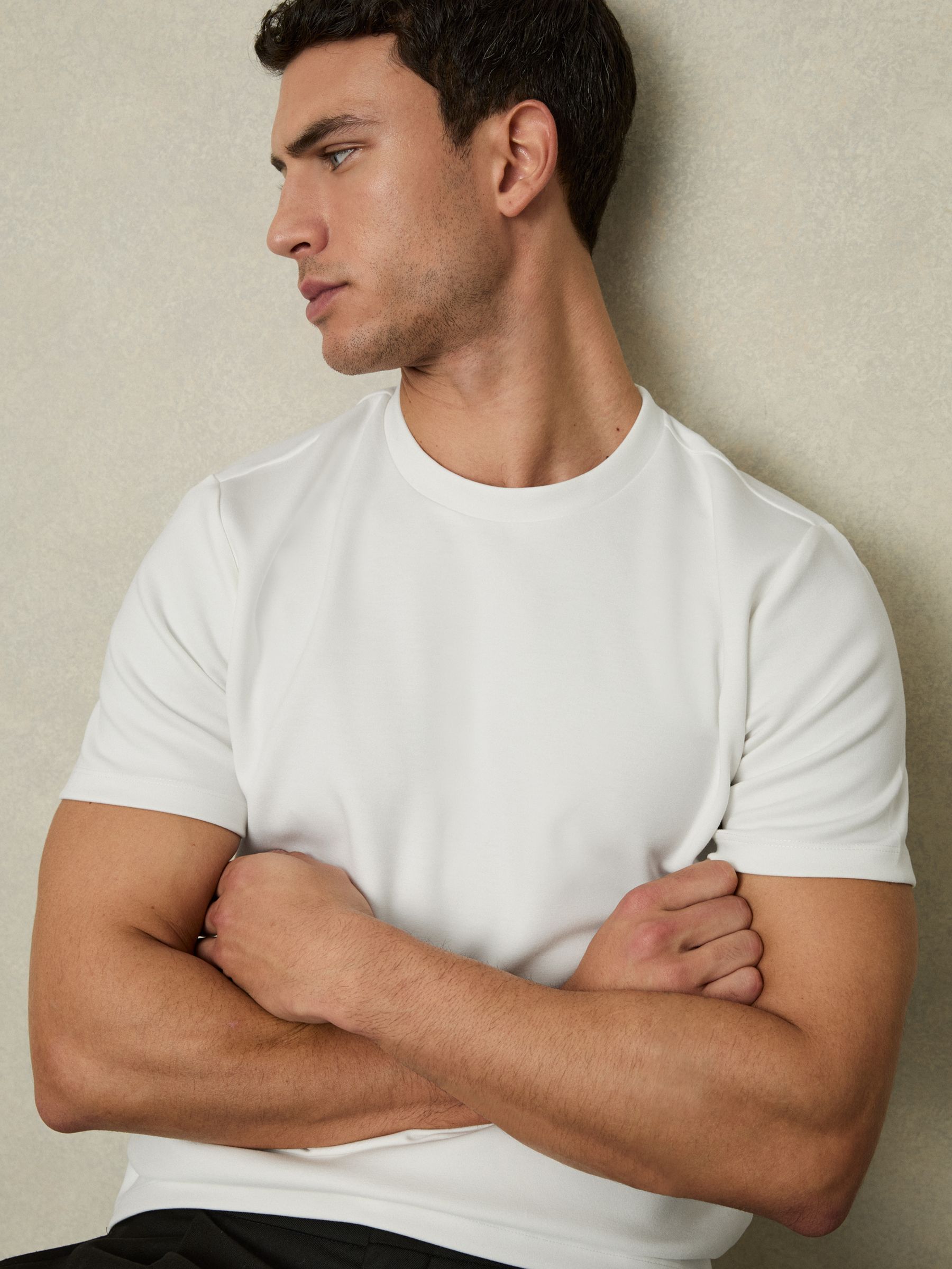 Reiss Interlock Jersey Crew Neck T Shirt in White REISS