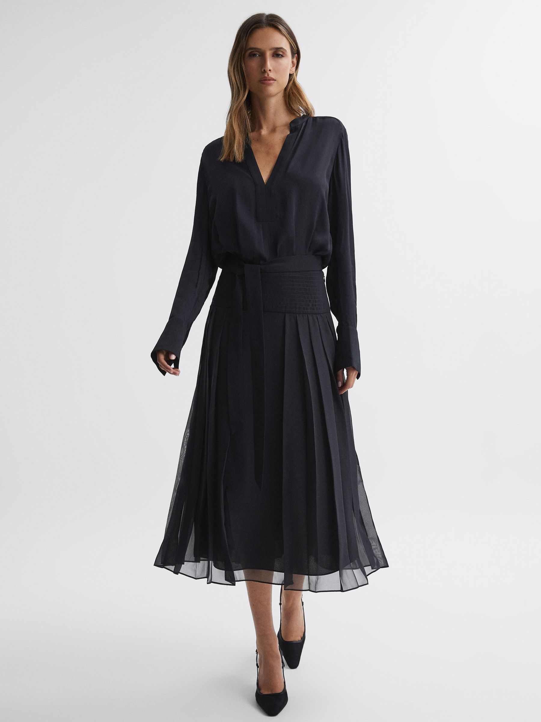 Reiss Pleated Long Sleeve Midi Dress in Navy REISS