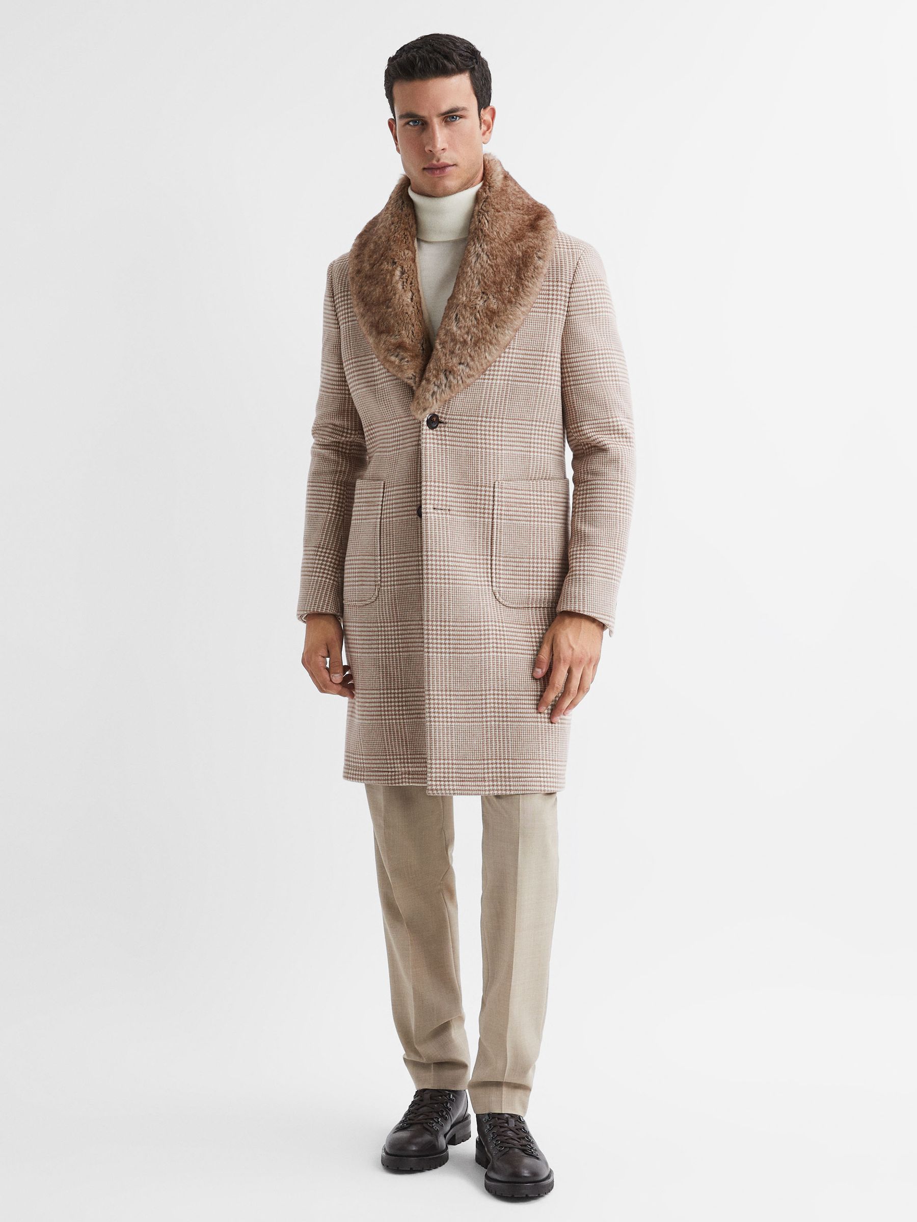 Wool Check Faux Fur Lapel Coat in Oatmeal