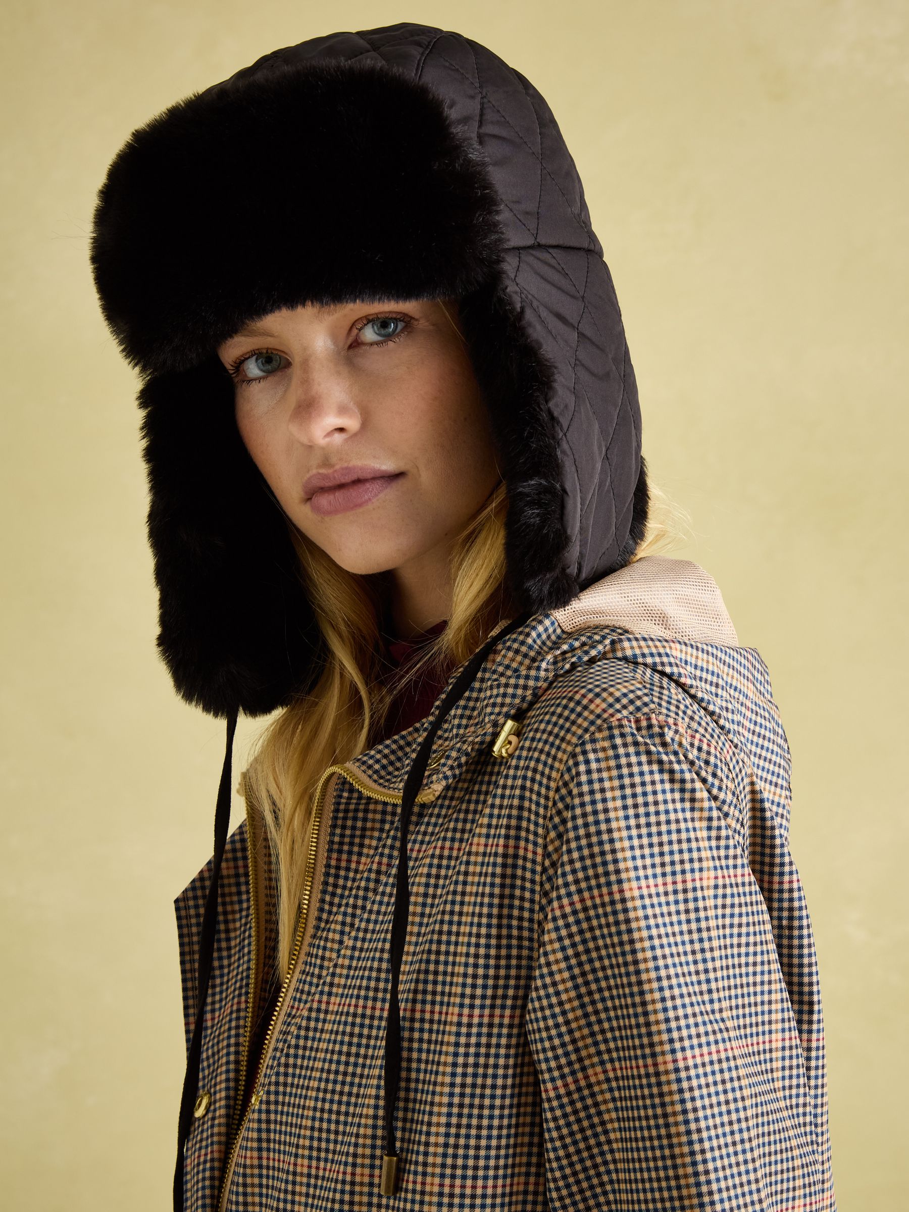 Eira Black Faux Fur Lined Quilted Trapper Hat Joules