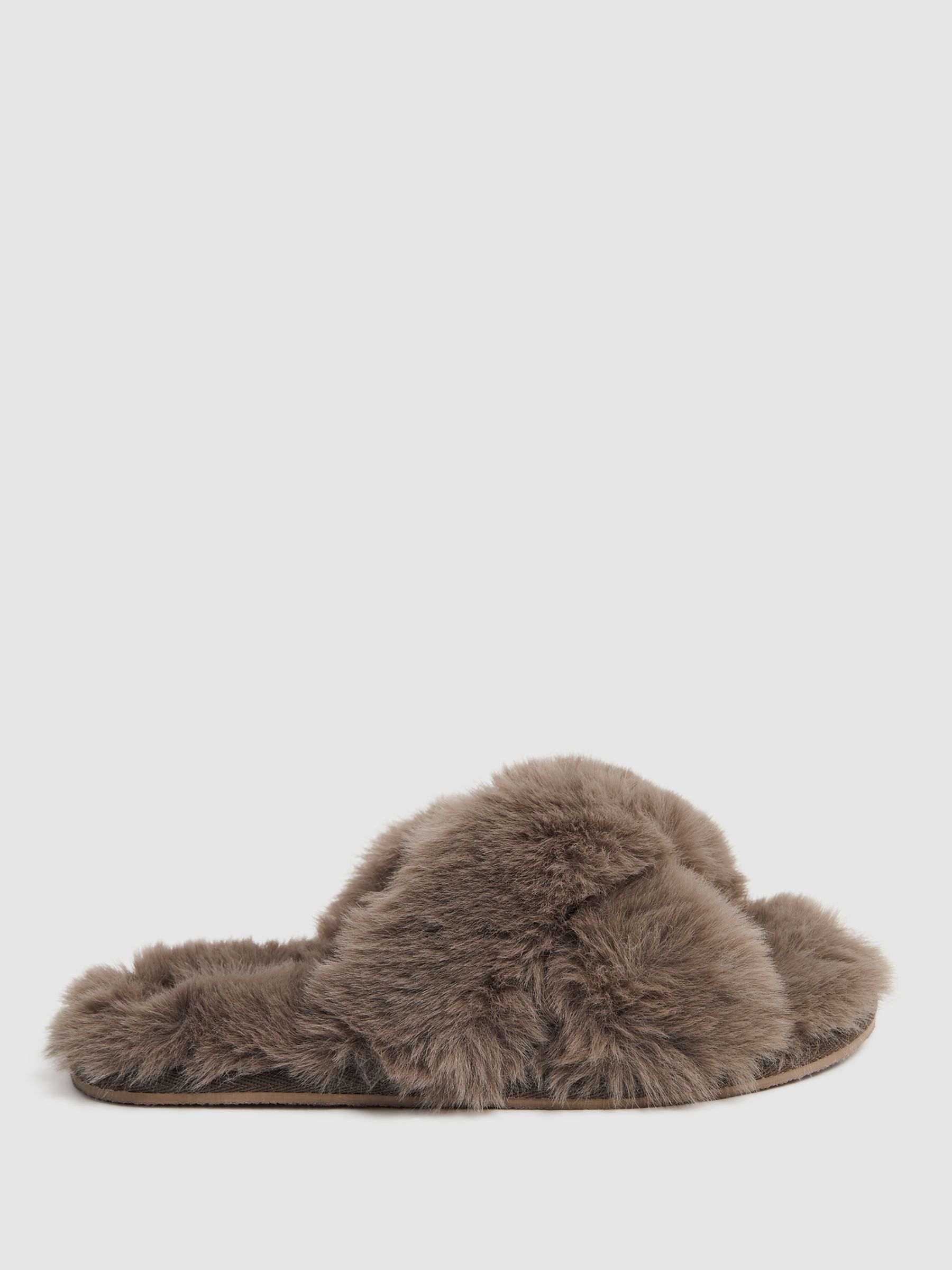 Faux Fur Slippers in Grey