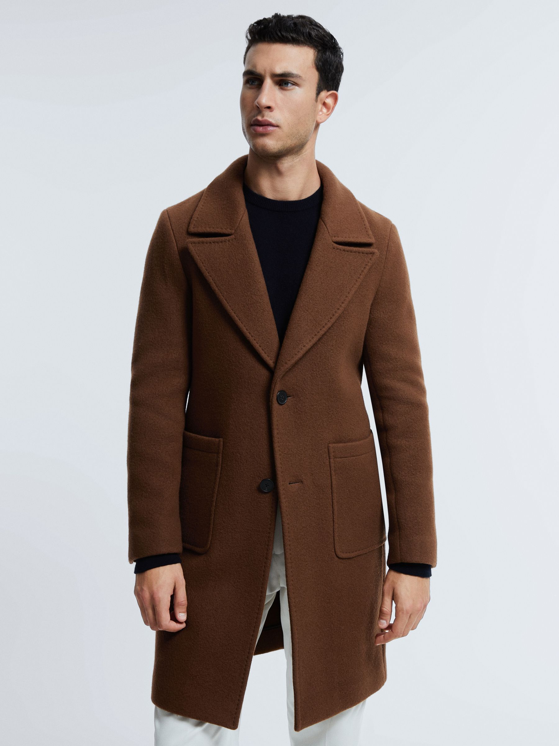 Reiss Atelier Casentino Wool Blend Single Breasted Coat in Tobacco REISS