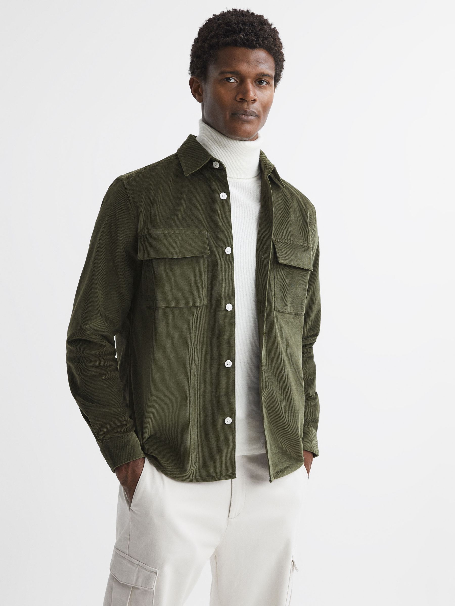 Reiss Corduroy Button Through Overshirt in Kale REISS