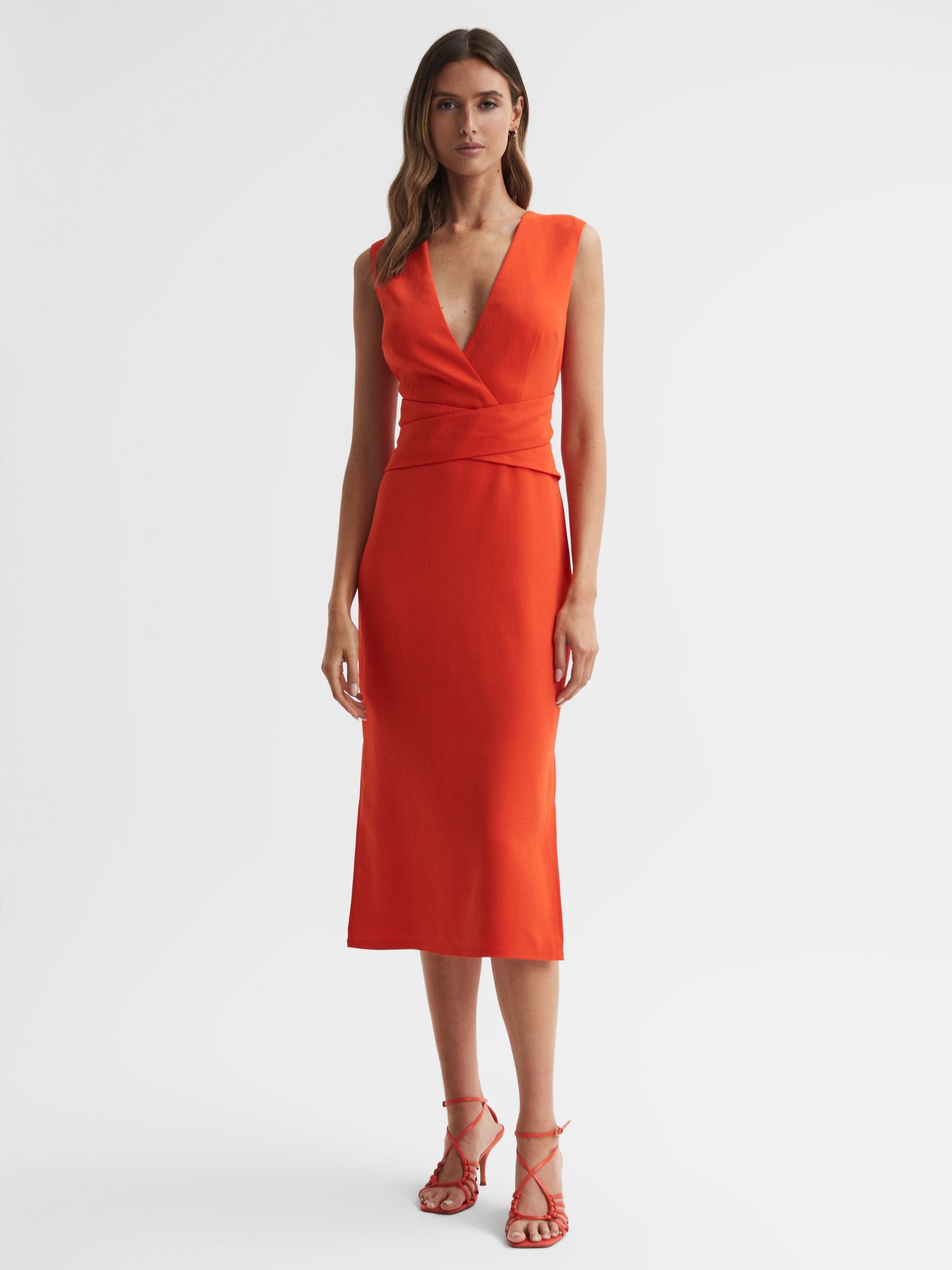 Reiss Fitted Wrap Design Midi Dress in Orange REISS