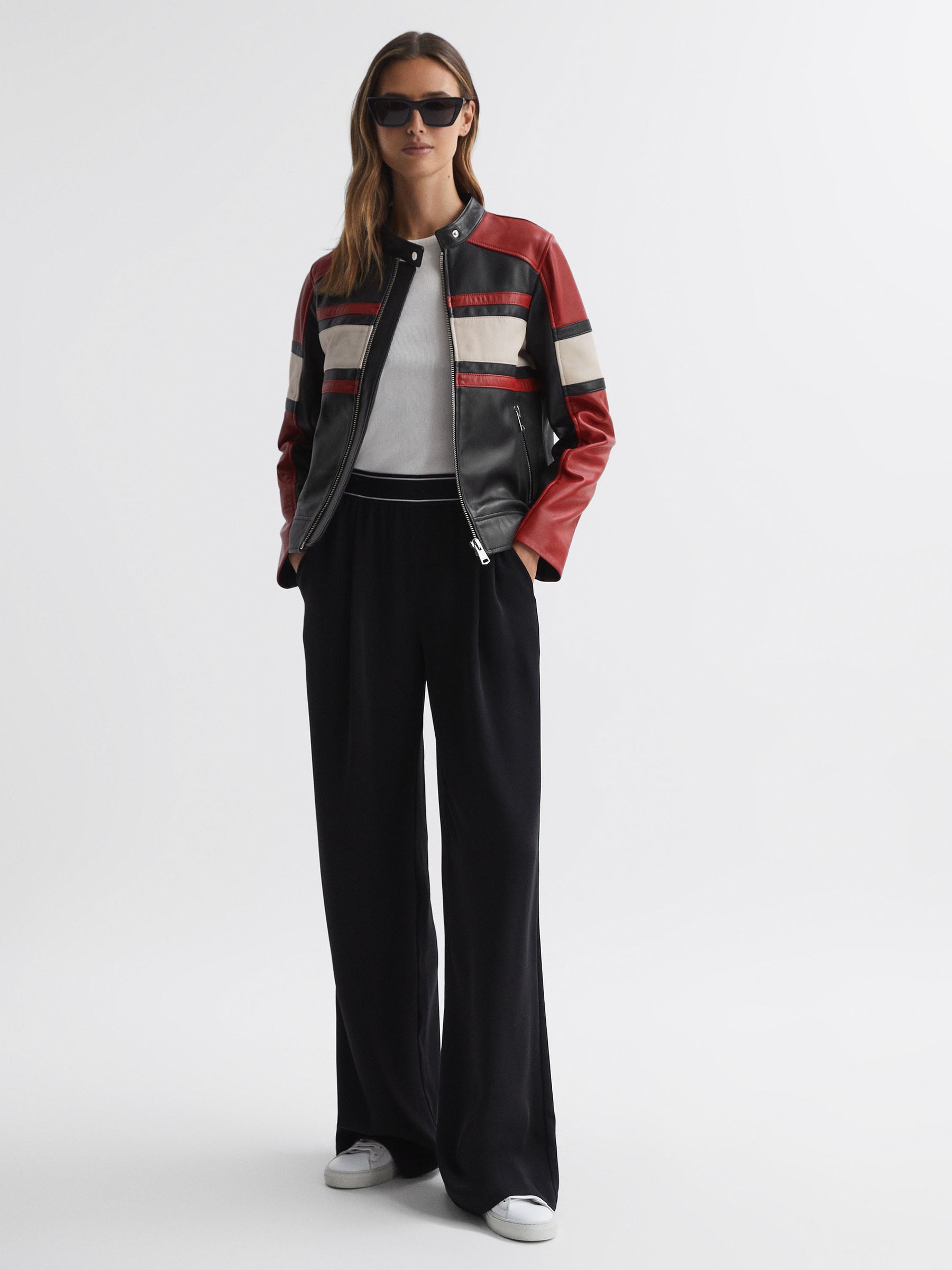 Reiss Leather Collarless Zip Through Jacket in Black Red REISS