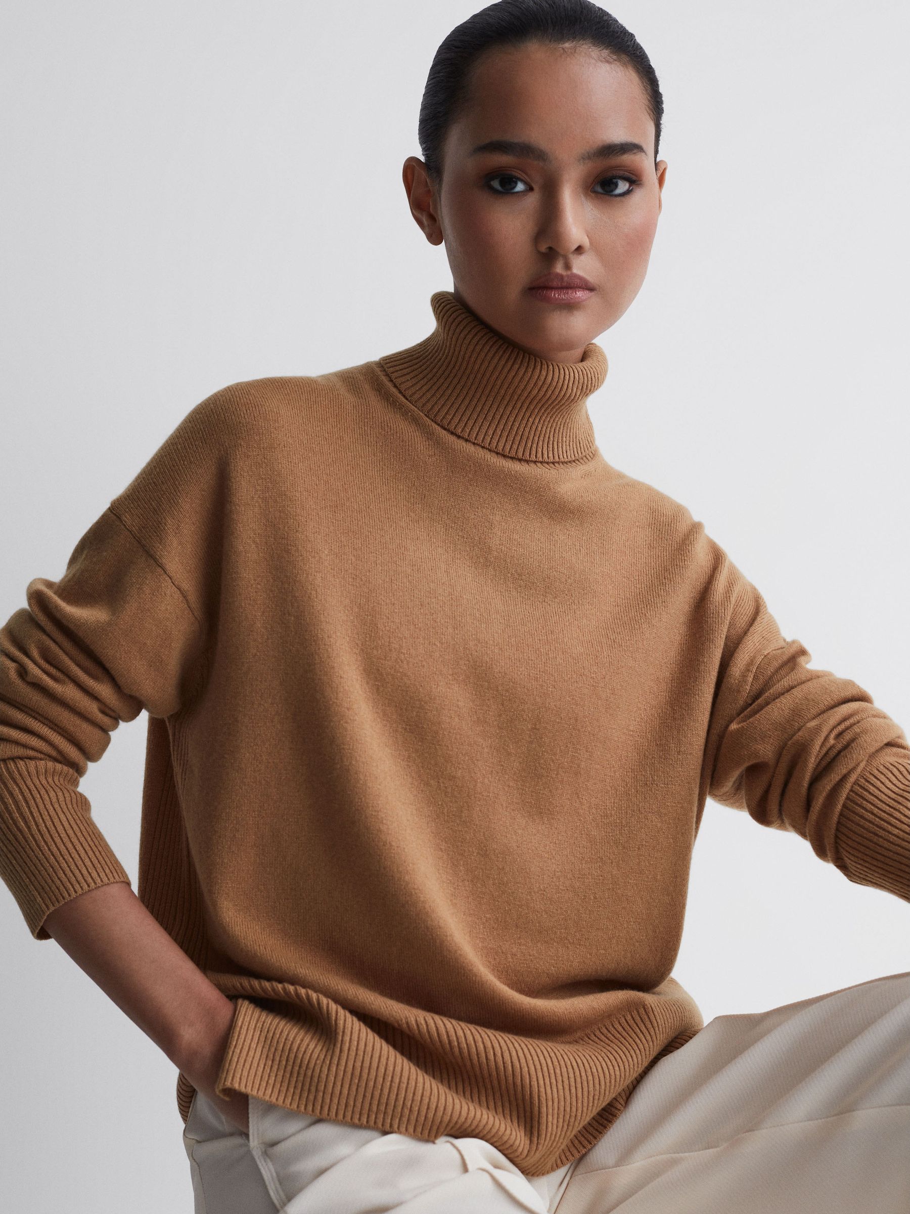 Reiss Wool Blend Roll Neck Jumper in Camel REISS