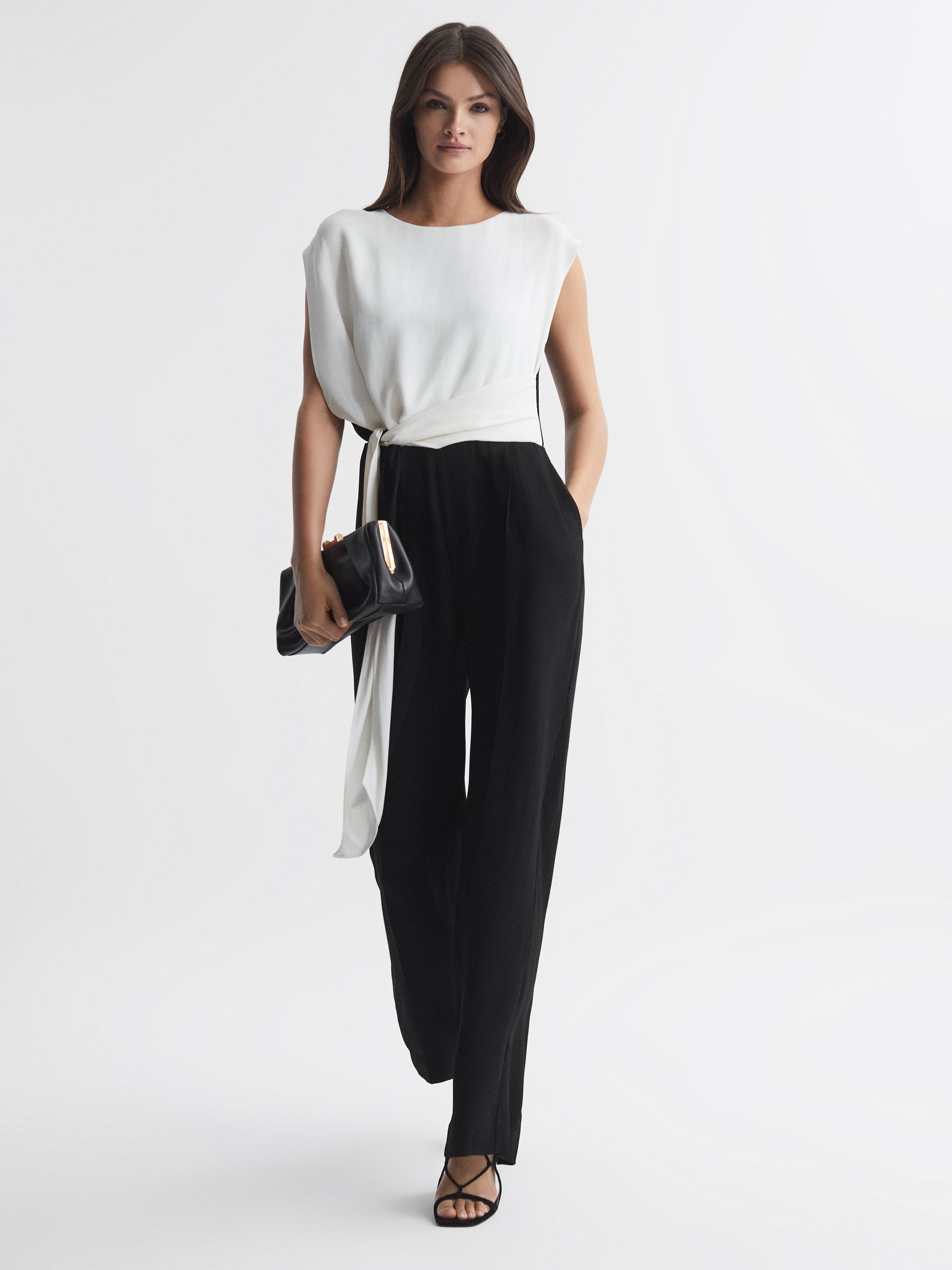 Reiss Fitted Colourblock Wide Leg Jumpsuit in Black Cream REISS