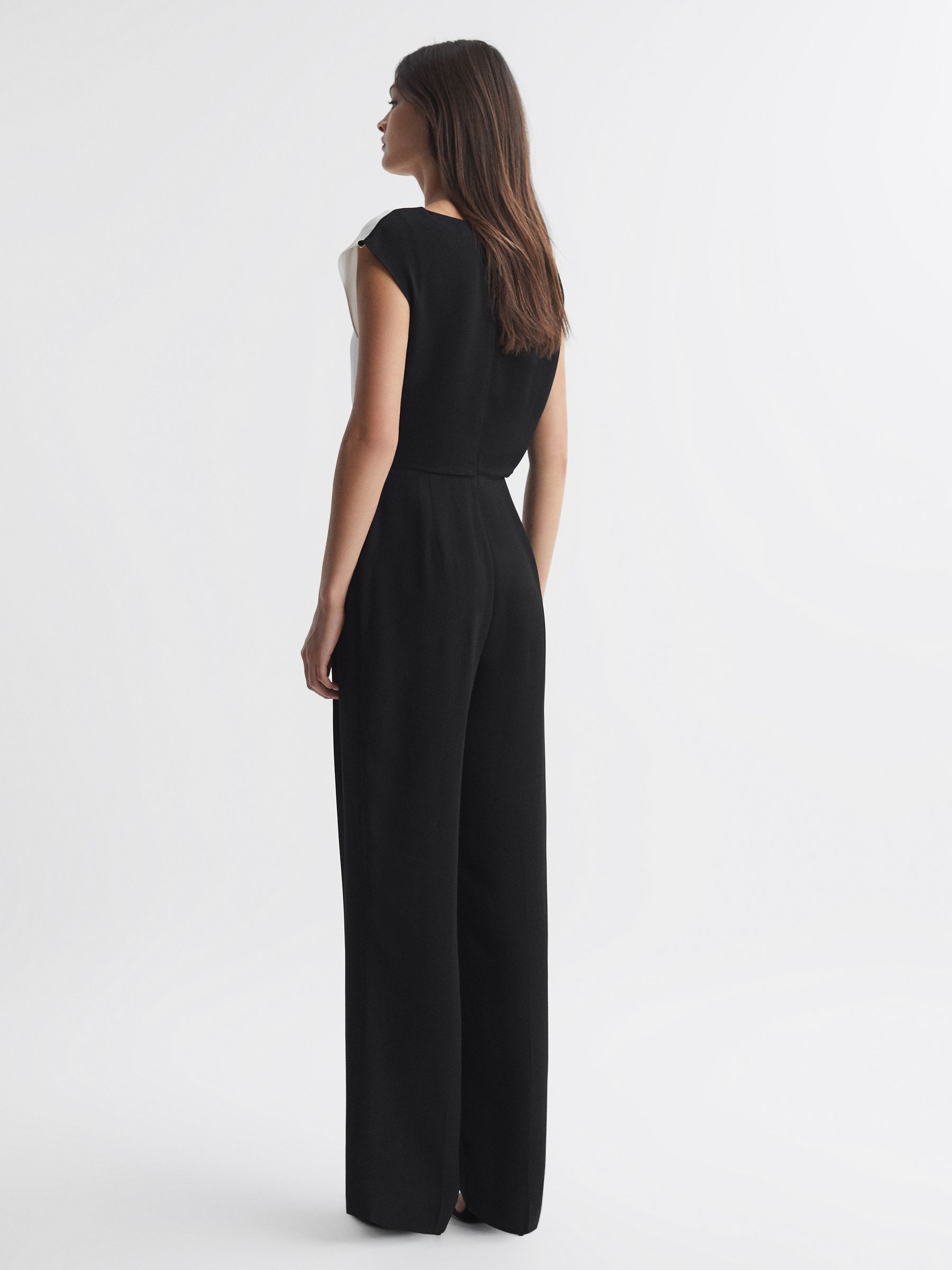 Reiss Fitted Colourblock Wide Leg Jumpsuit in Black Cream REISS