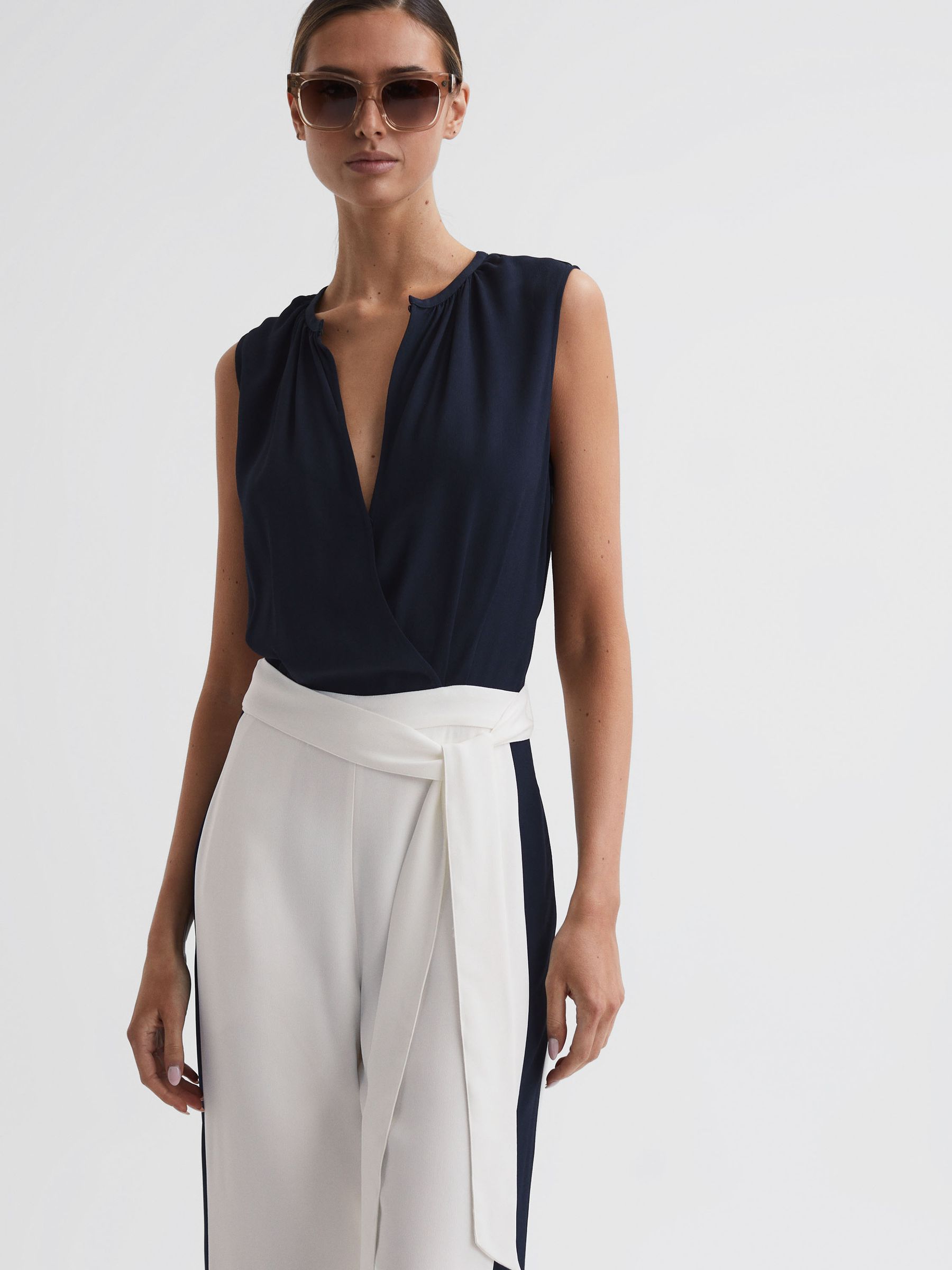 Reiss Wide Leg Side Stripe Jumpsuit in Navy White REISS