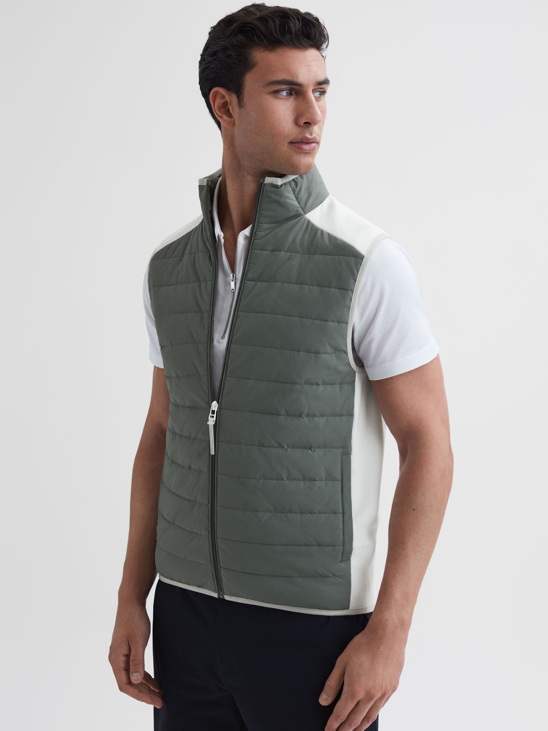 Reiss Funnel Neck Hybrid Quilted Gilet in Sage White REISS