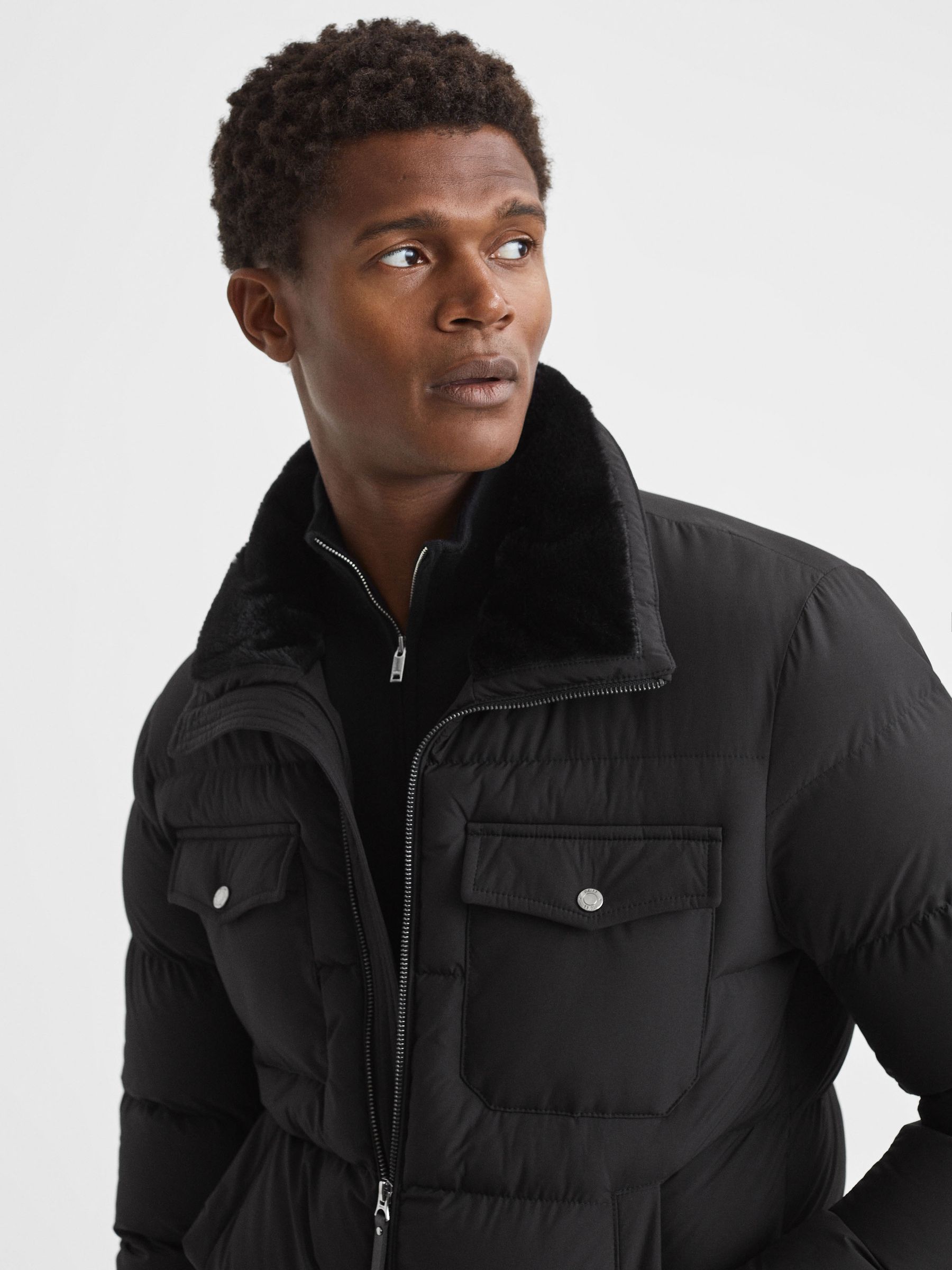 Reiss Padded Faux Fur Coat in Black REISS