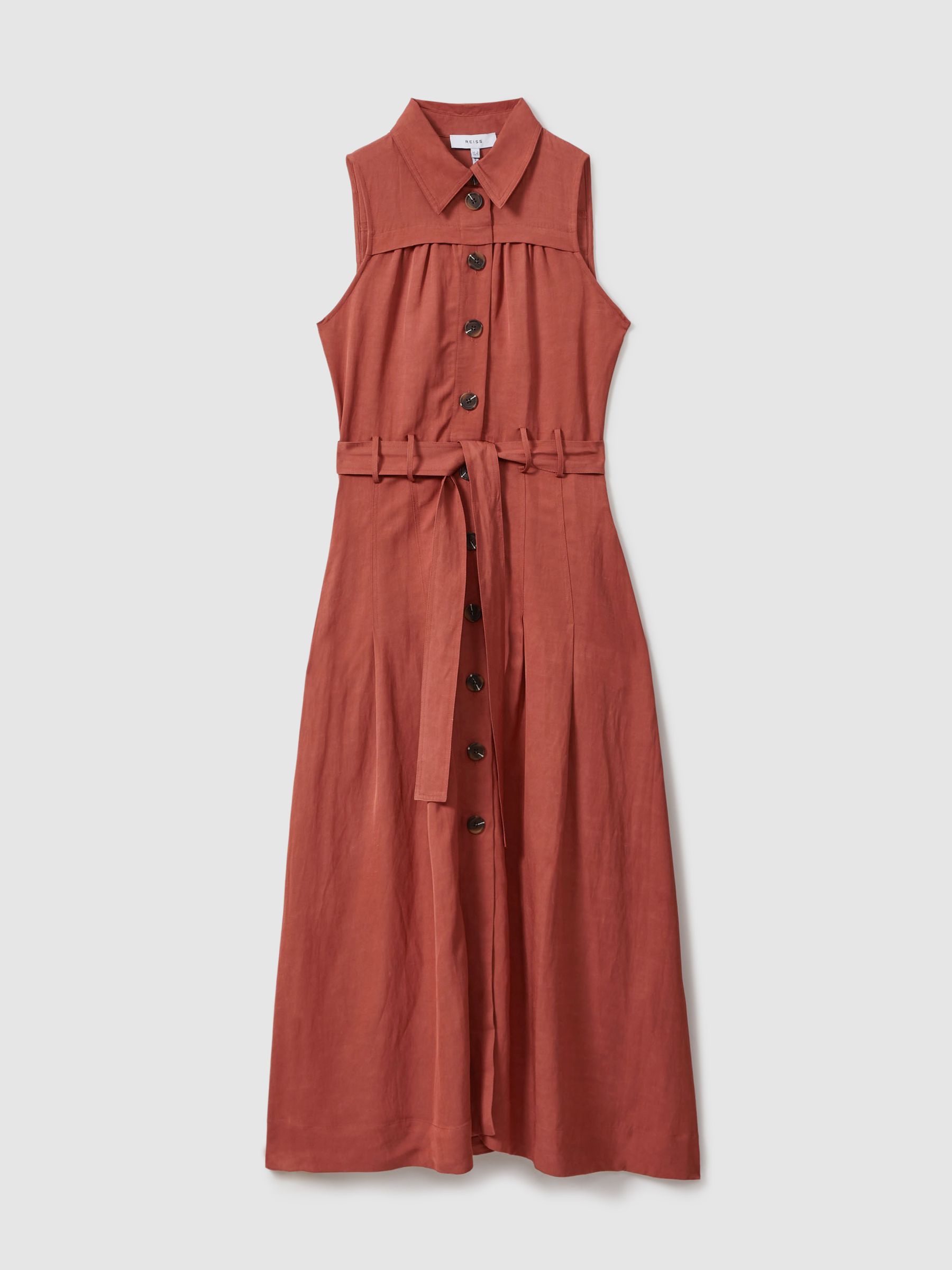 Reiss Heidi Rust Viscose Linen Belted Midi Dress REISS