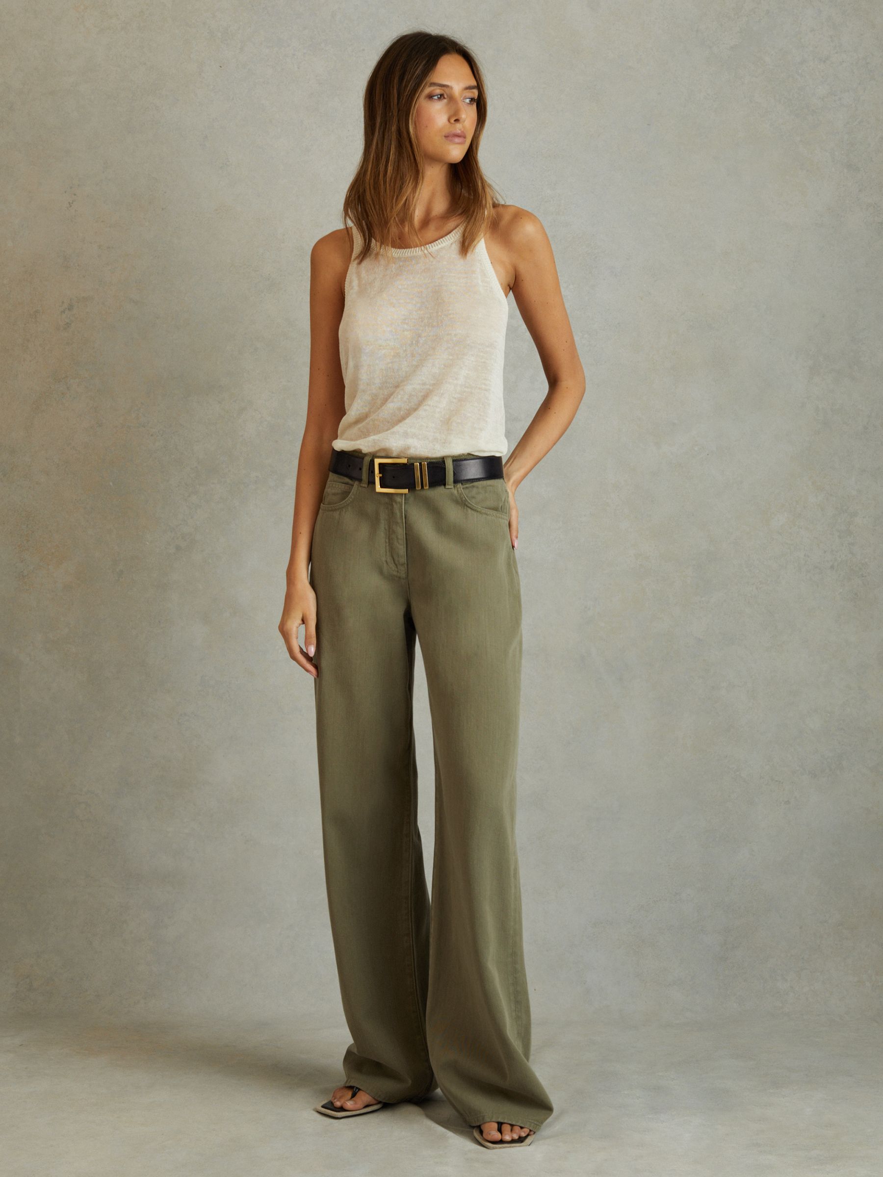 Reiss Garment Dyed Wide Leg Trousers in Khaki REISS