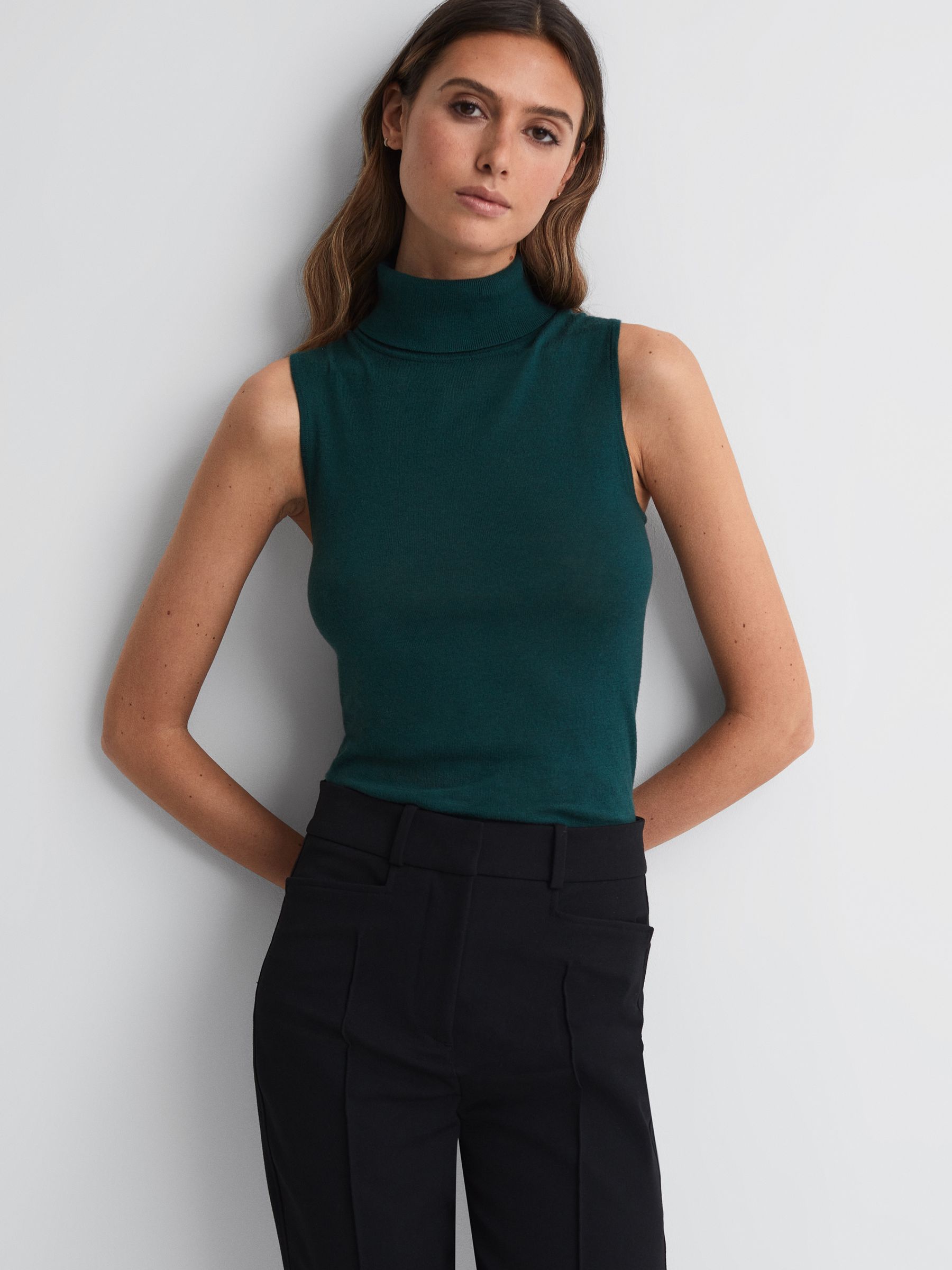 Reiss Merino Wool Sleeveless Roll Neck Top in Dark Teal REISS