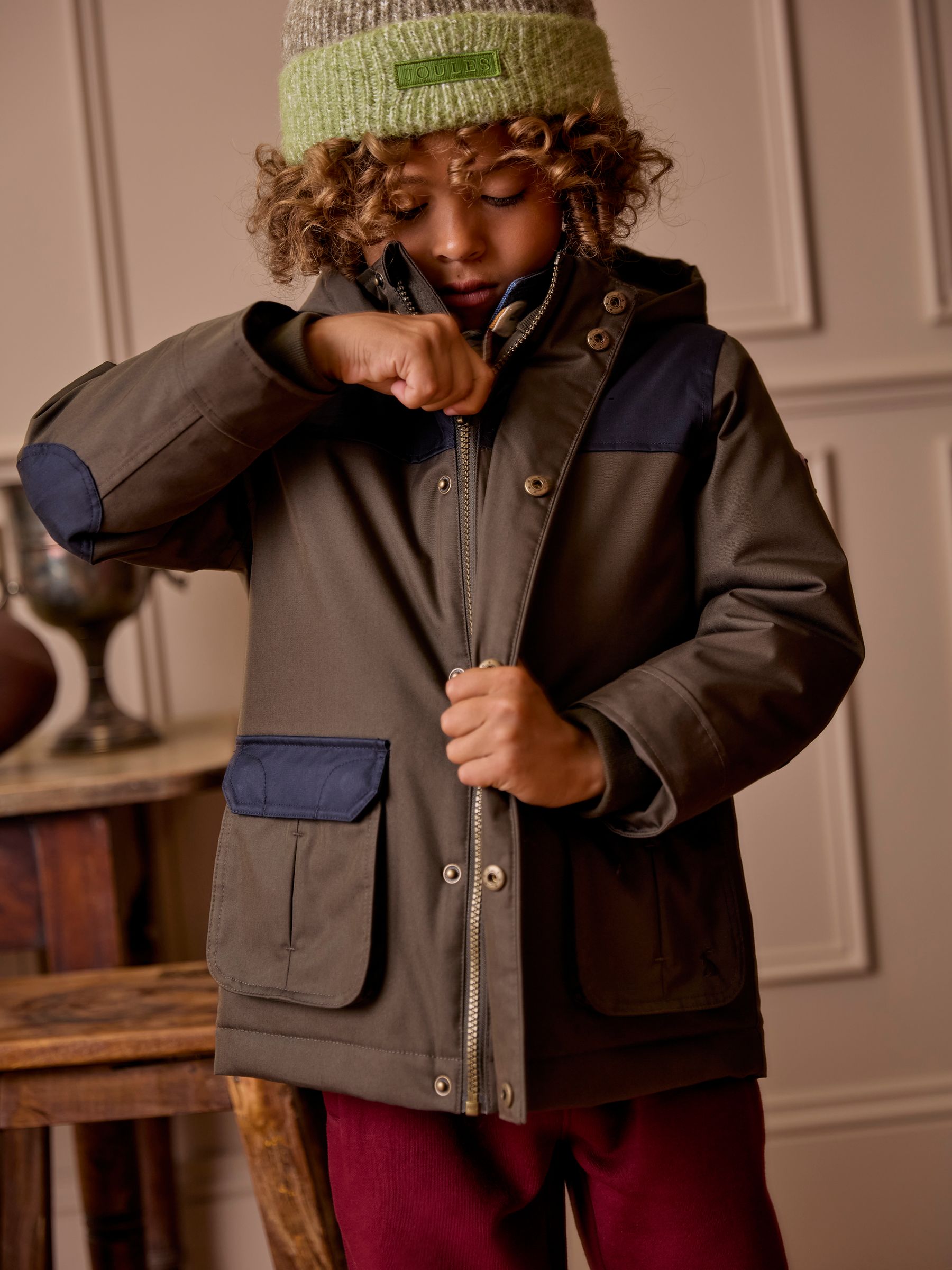 Kids Ultimate Khaki Green Waterproof Coat with Quilted Lining Joules