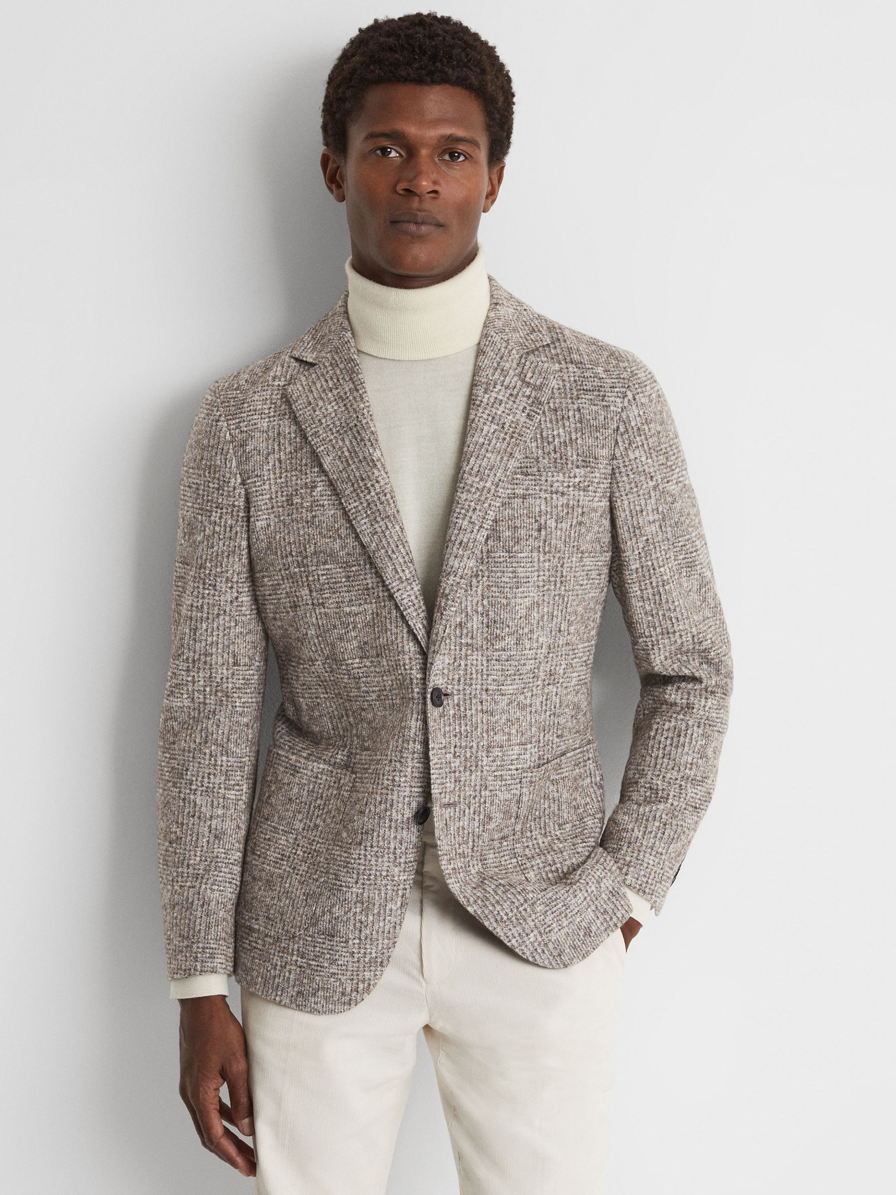 Reiss Slim Fit Wool Cotton Check Single Breasted Blazer in Grey REISS