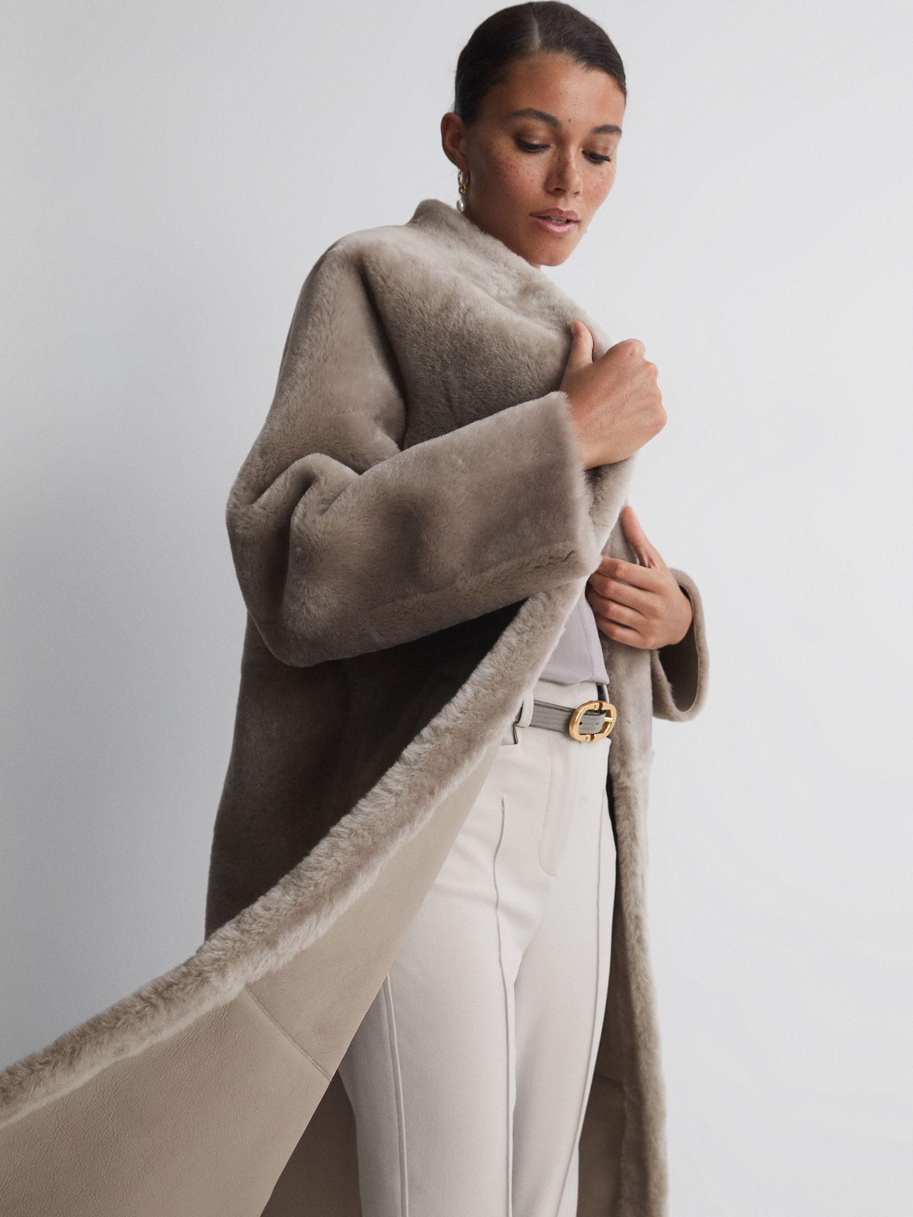 Reiss Reversible Leather Shearling Jacket in Light Grey REISS