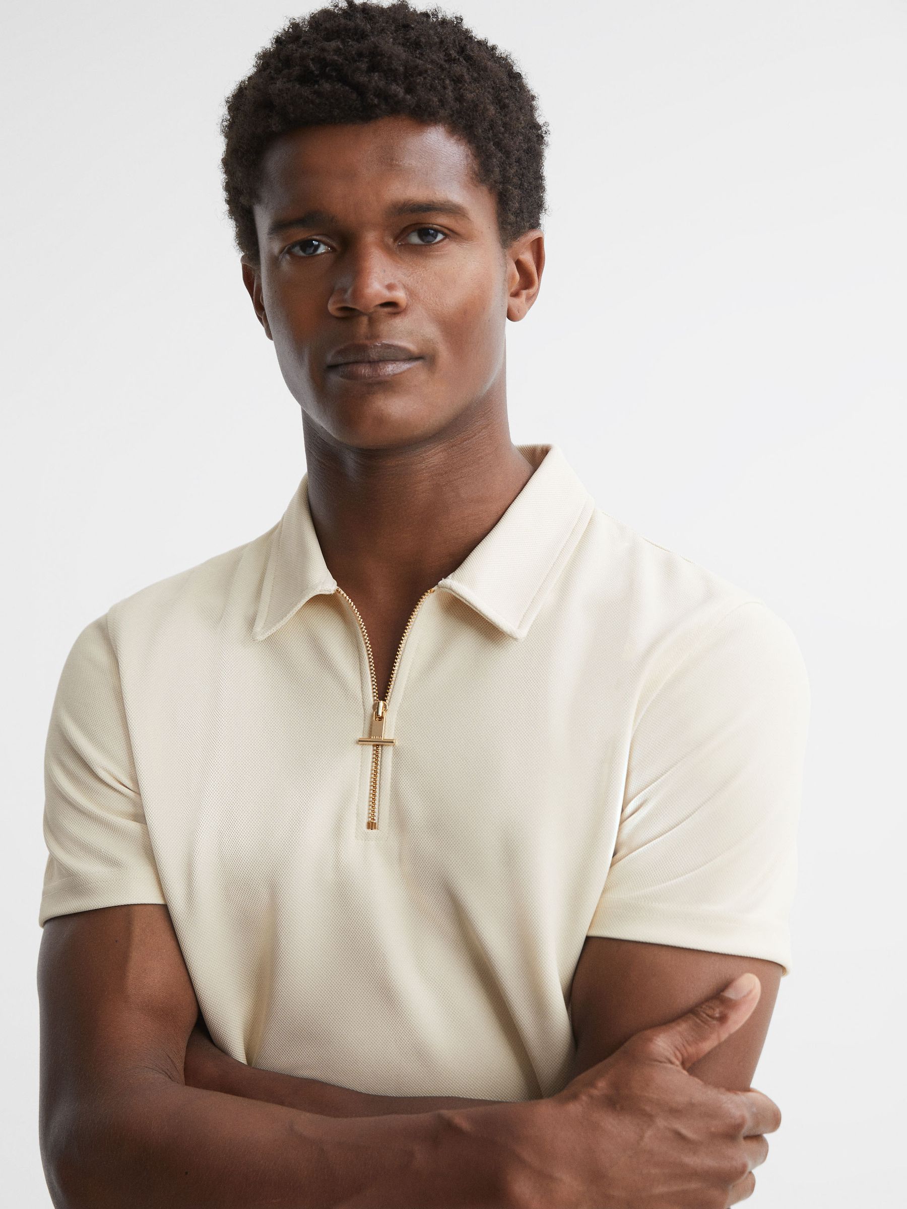Reiss Slim Fit Half Zip Polo Shirt in Ecru REISS
