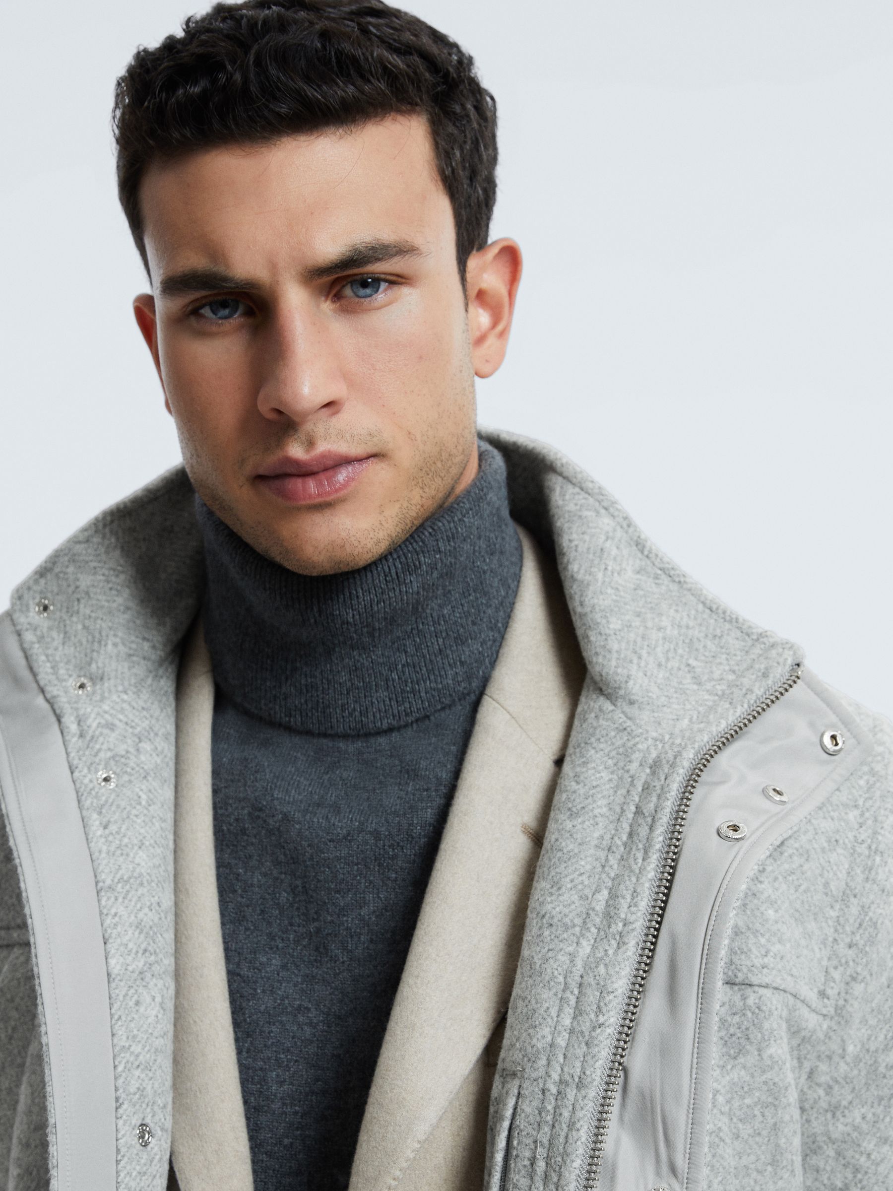 Reiss Atelier Wool Blend Removable Faux Fur Hooded Coat in Grey Melange REISS