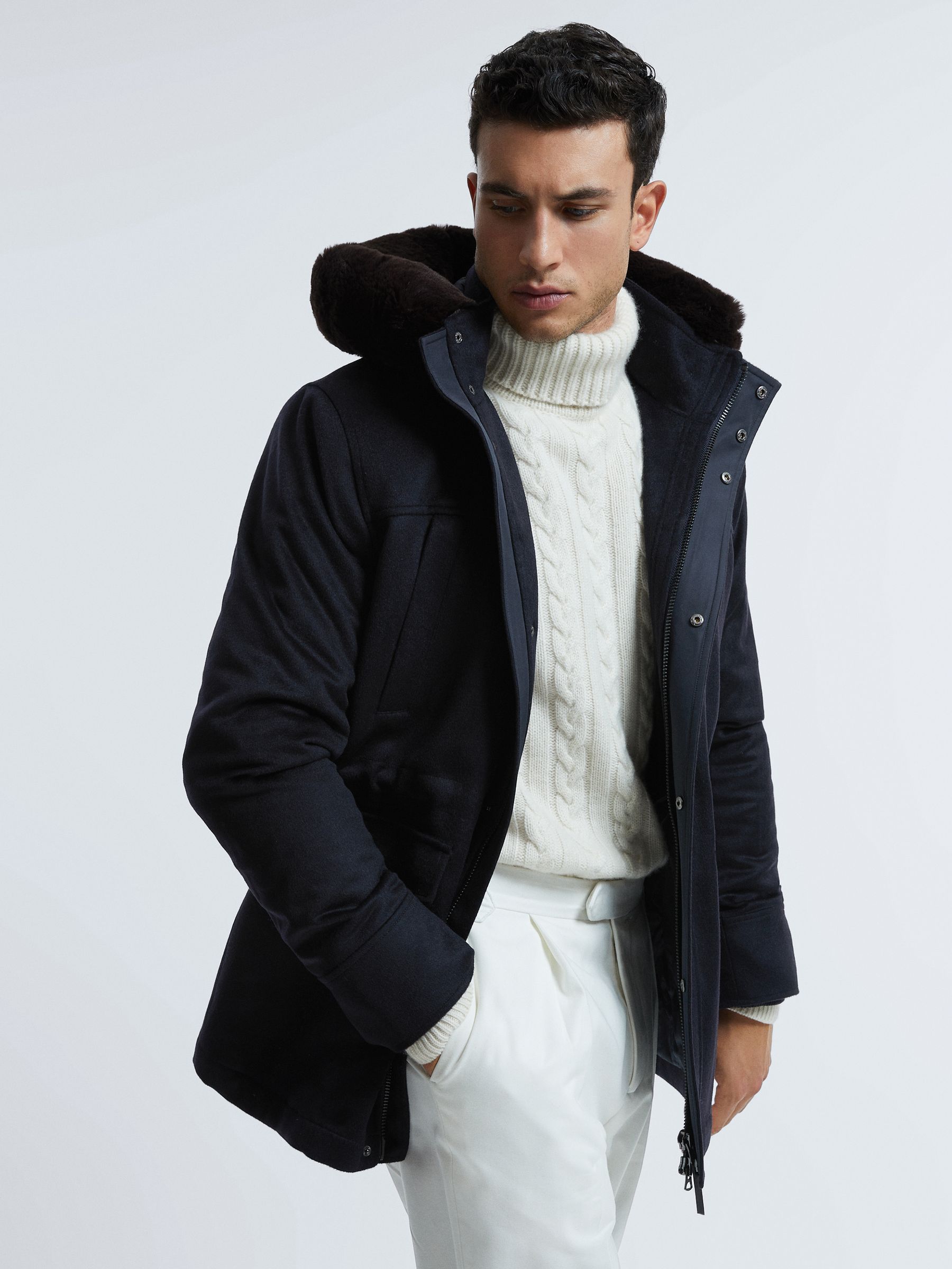 Atelier Cashmere Removable Faux Fur Hooded Coat in Navy
