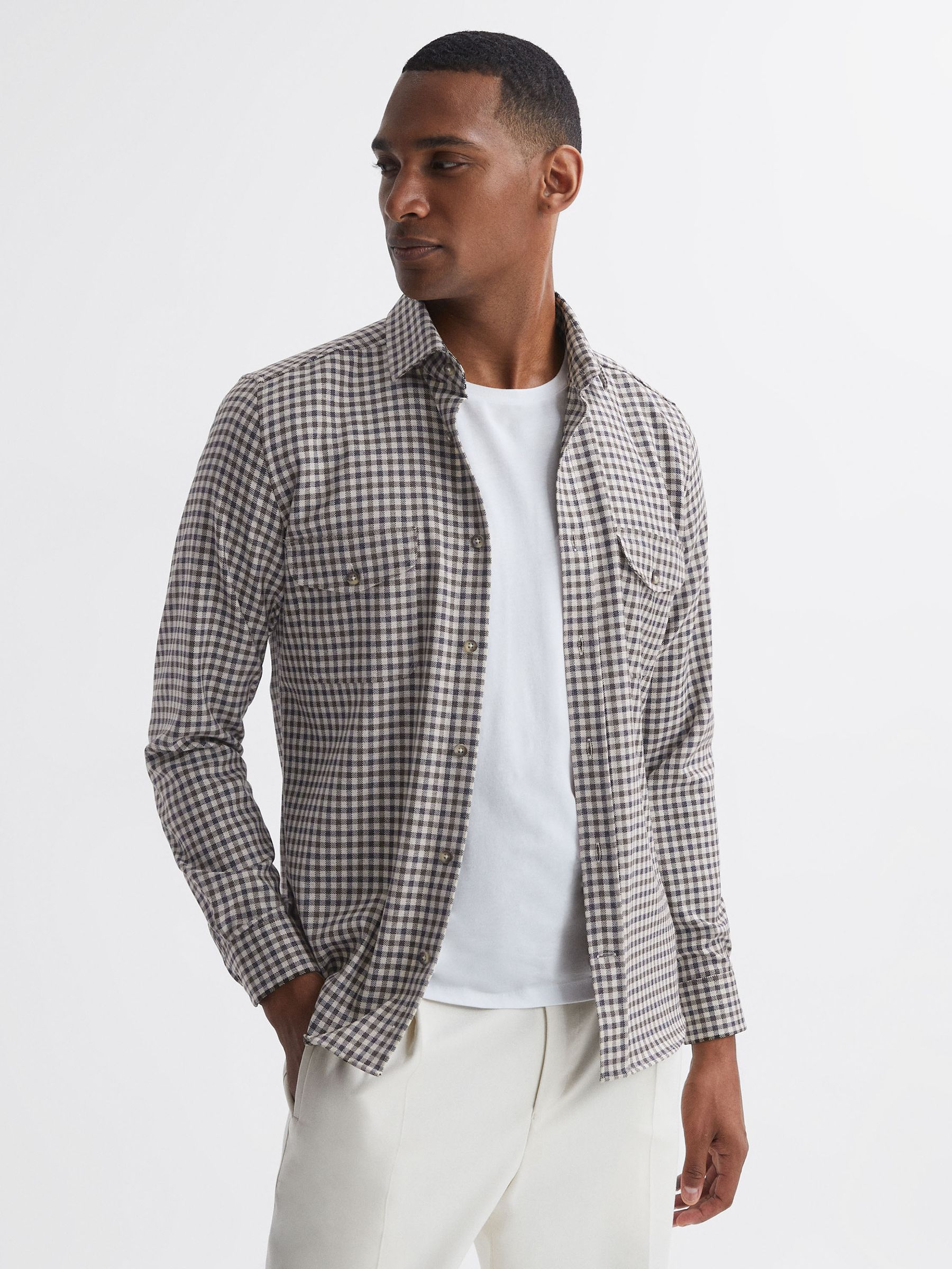Reiss Brushed Checked Overshirt in Chocolate Multi REISS